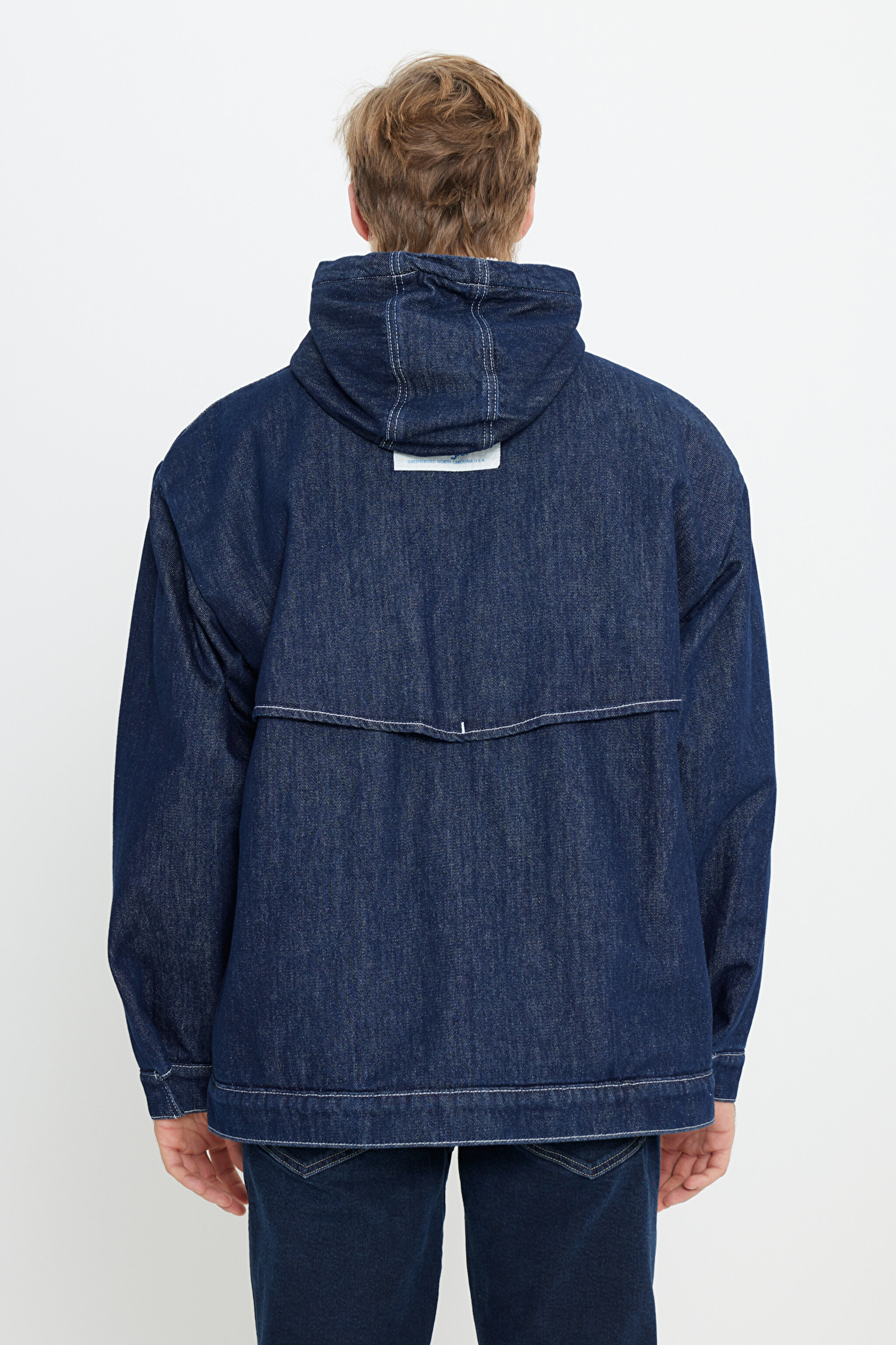 Regular Fit Normal Kesim %100 Pamuk Kapüşonlu Sherpa Jean Kot Ceket - Indigo Hemp-W476CD12O (görsel 5)