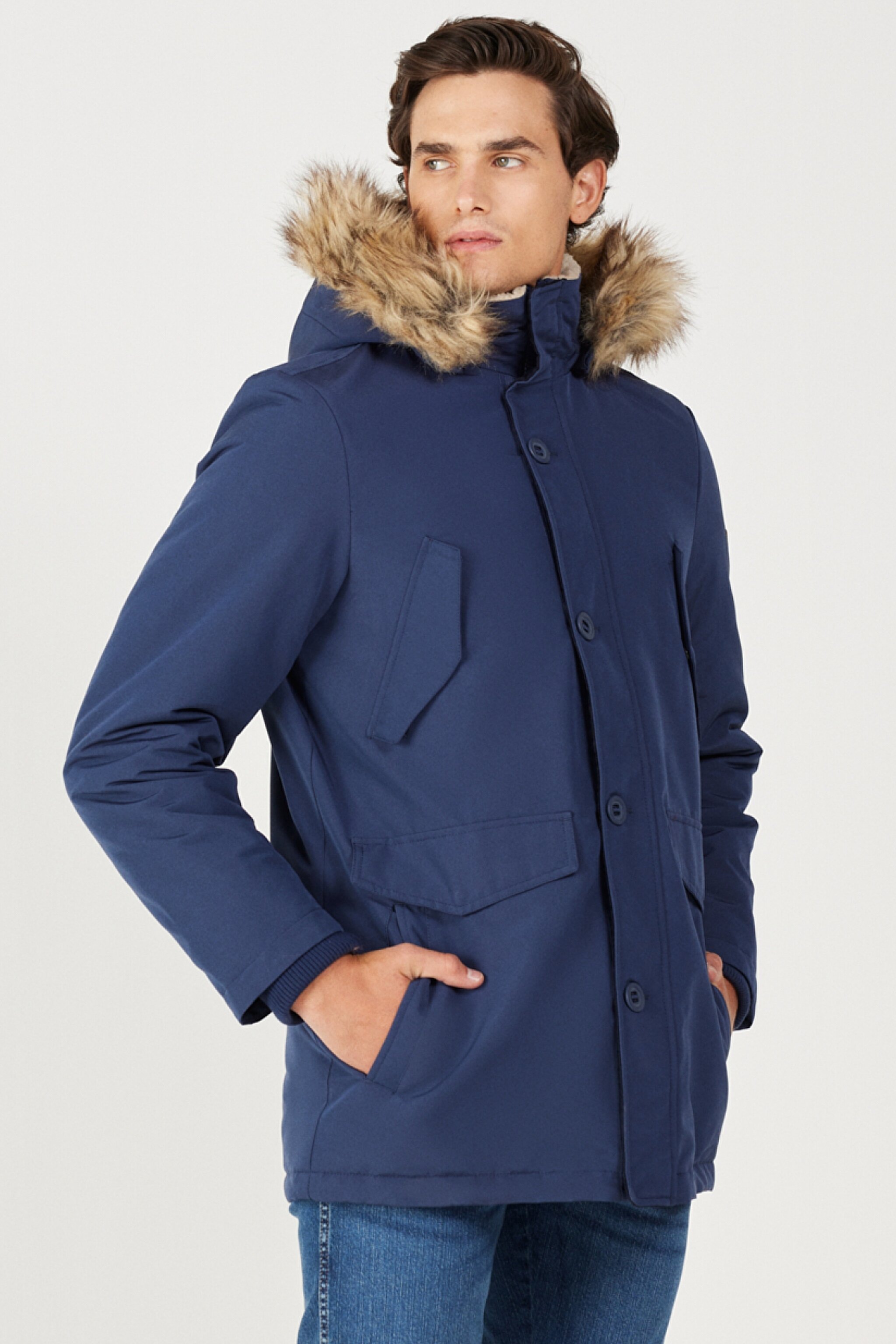 Regular Fit Normal Kesim Dik Yaka Lacivert Parka Ceket - Navy-W4D0WX114 (görsel 2)
