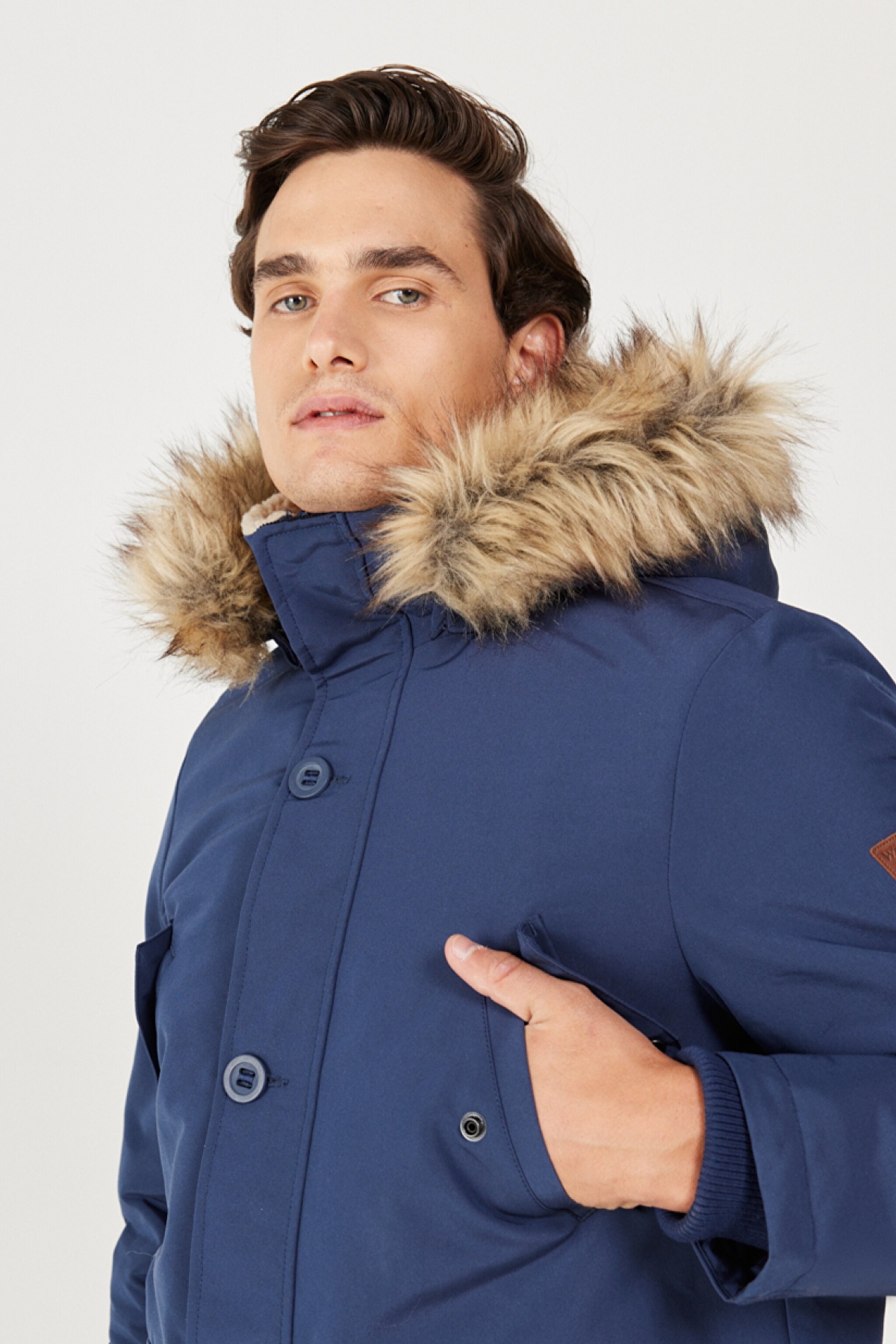 Regular Fit Normal Kesim Dik Yaka Lacivert Parka Ceket - Navy-W4D0WX114 (görsel 3)