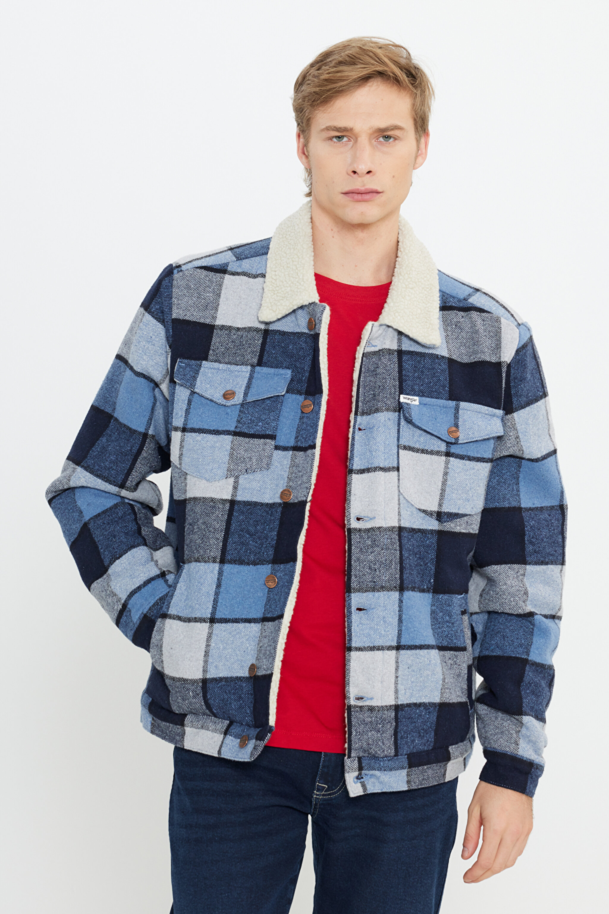 Loose Fit Rahat Kesim Mavi Ekoseli Sherpa Ceket