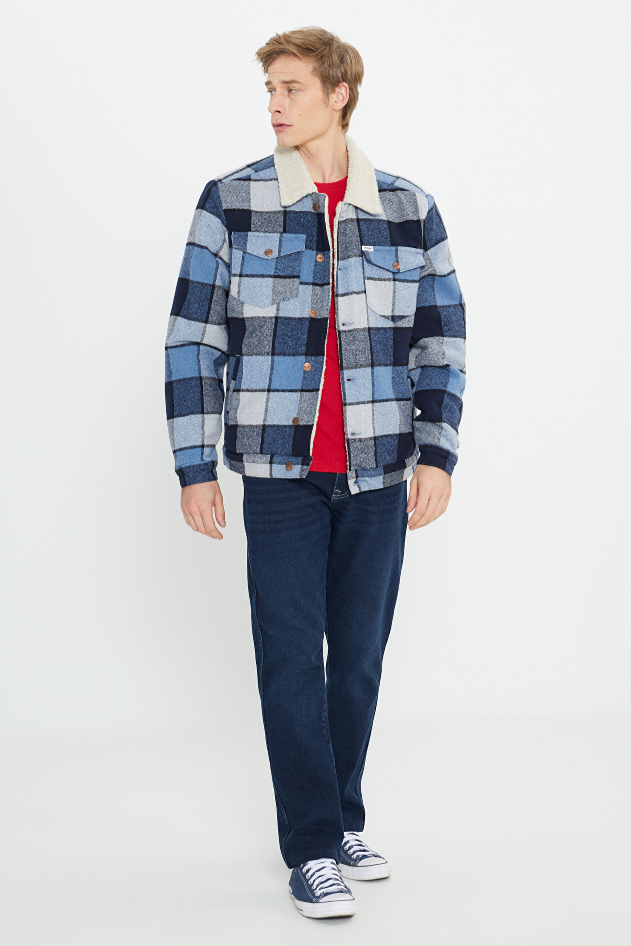 Loose Fit Rahat Kesim Mavi Ekoseli Sherpa Ceket - Captains Blue-W4E0XZ84Z (görsel 3)