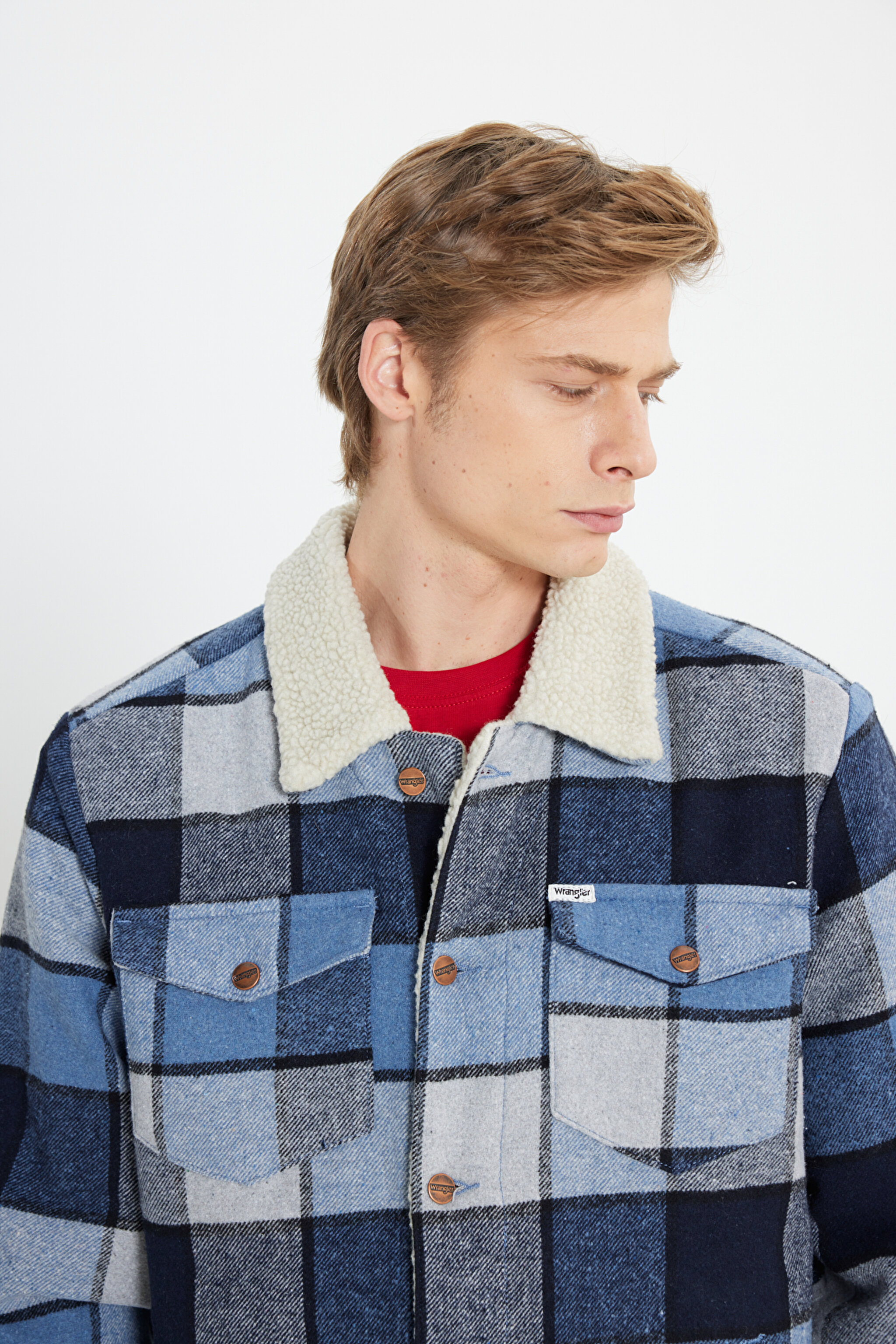 Loose Fit Rahat Kesim Mavi Ekoseli Sherpa Ceket - Captains Blue-W4E0XZ84Z (görsel 4)