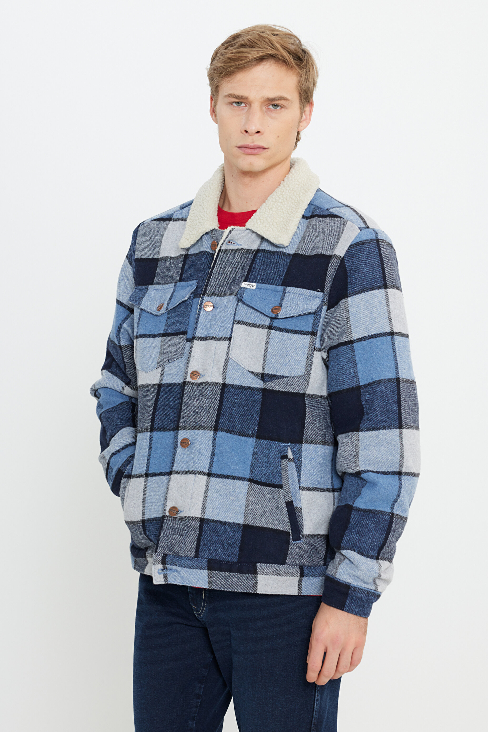 Loose Fit Rahat Kesim Mavi Ekoseli Sherpa Ceket - Captains Blue-W4E0XZ84Z (görsel 5)