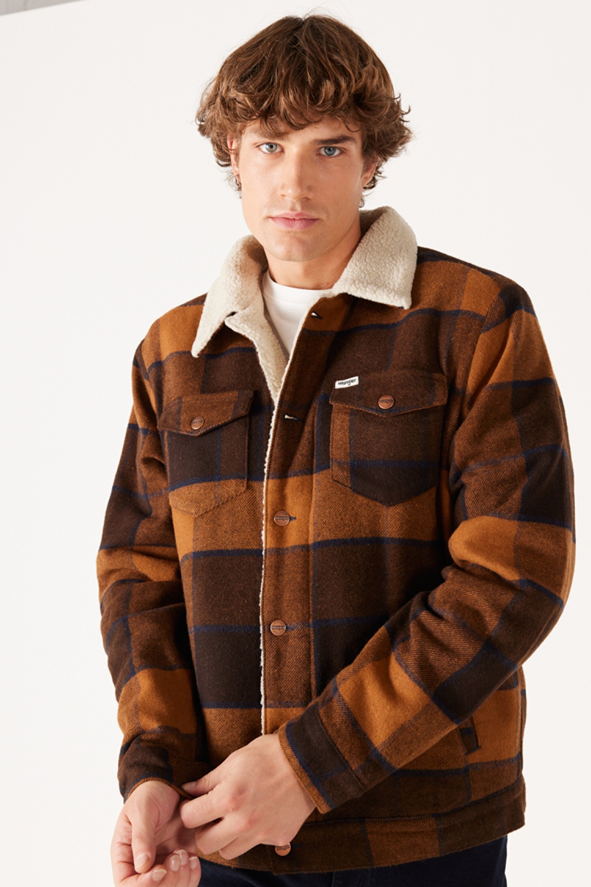 Loose Fit Rahat Kesim Dik Yaka Kahverengi Ekoseli Sherpa Ceket - Yellow Check-W4E0XZY80 (görsel 2)