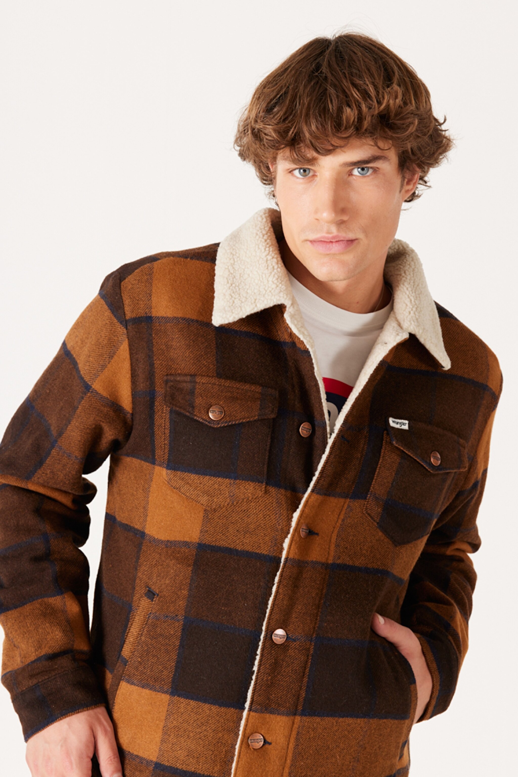 Loose Fit Rahat Kesim Dik Yaka Kahverengi Ekoseli Sherpa Ceket - Yellow Check-W4E0XZY80 (görsel 3)
