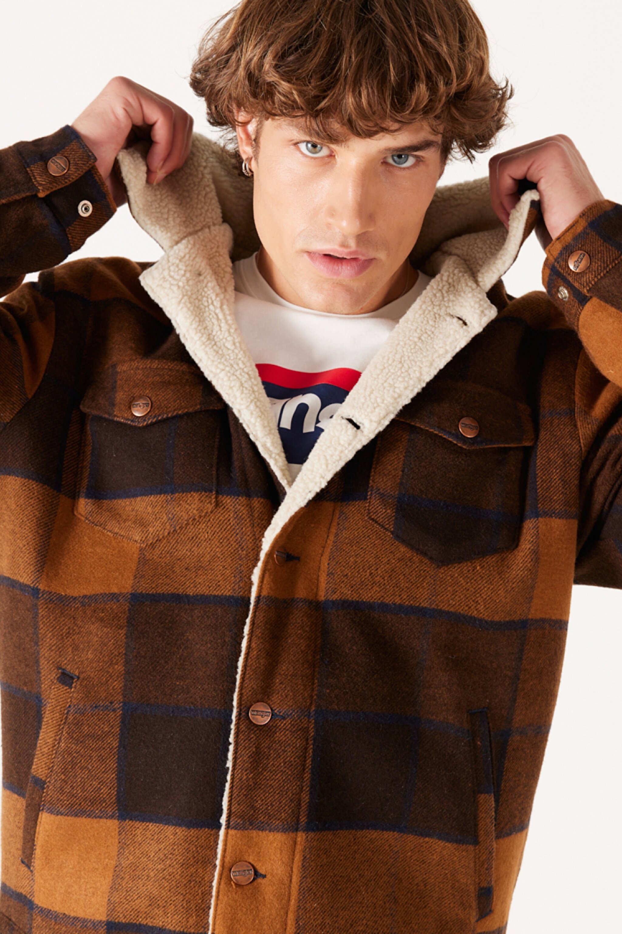 Loose Fit Rahat Kesim Dik Yaka Kahverengi Ekoseli Sherpa Ceket - Yellow Check-W4E0XZY80 (görsel 4)