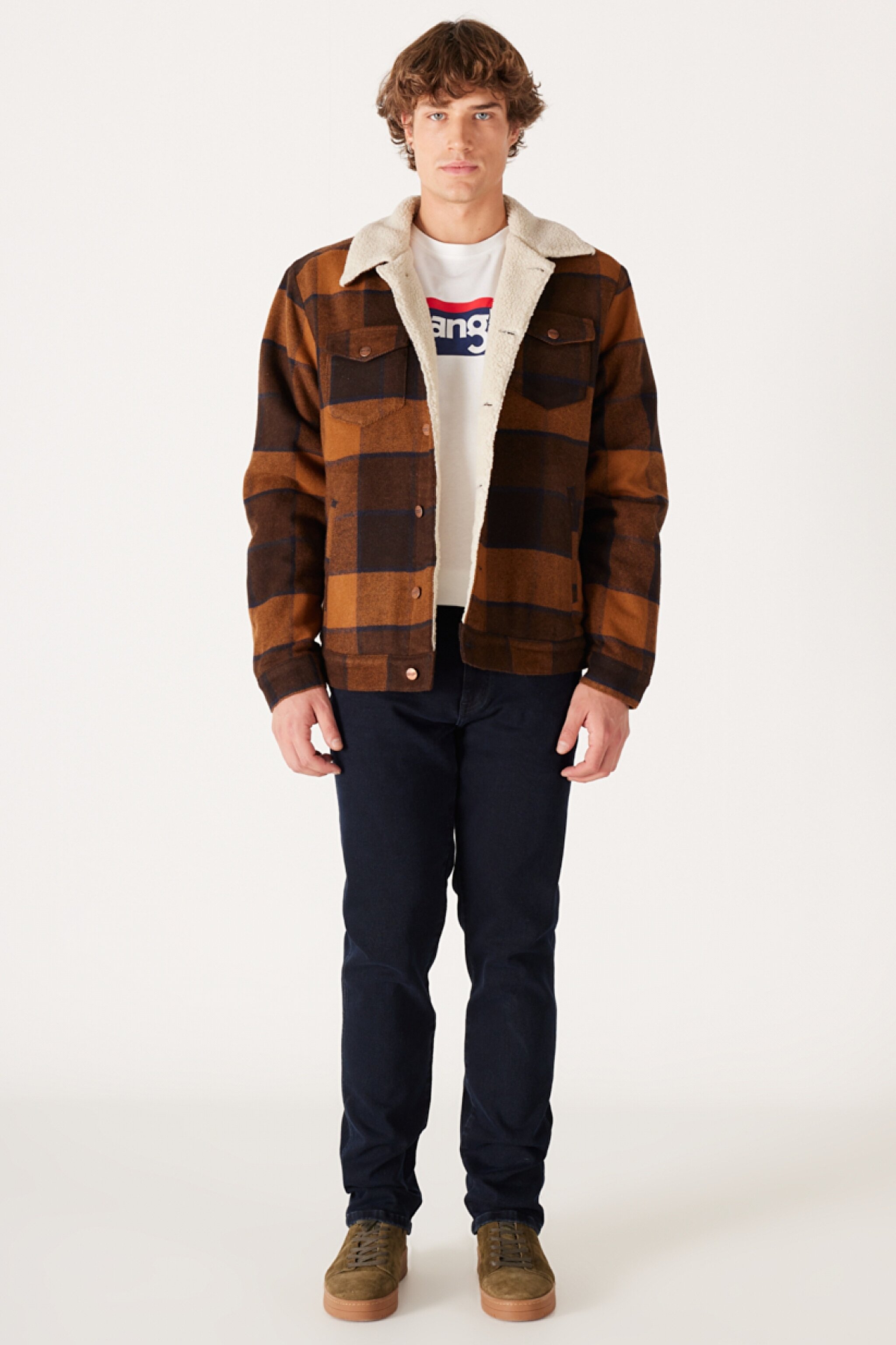 Loose Fit Rahat Kesim Dik Yaka Kahverengi Ekoseli Sherpa Ceket - Yellow Check-W4E0XZY80 (görsel 5)