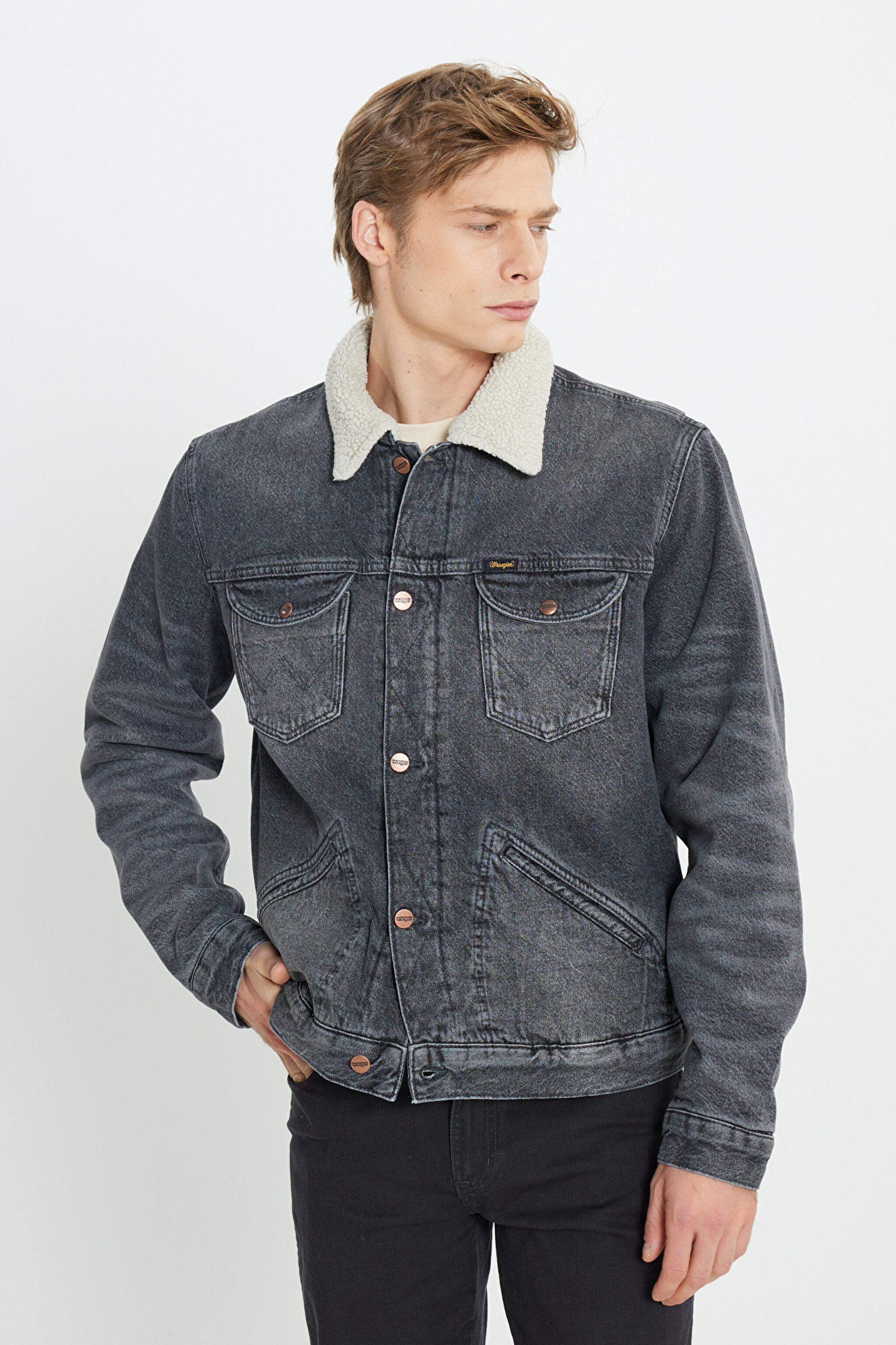 Regular Fit Normal Kesim %100 Pamuk Koyu Gri Sherpa Jean Kot Ceket