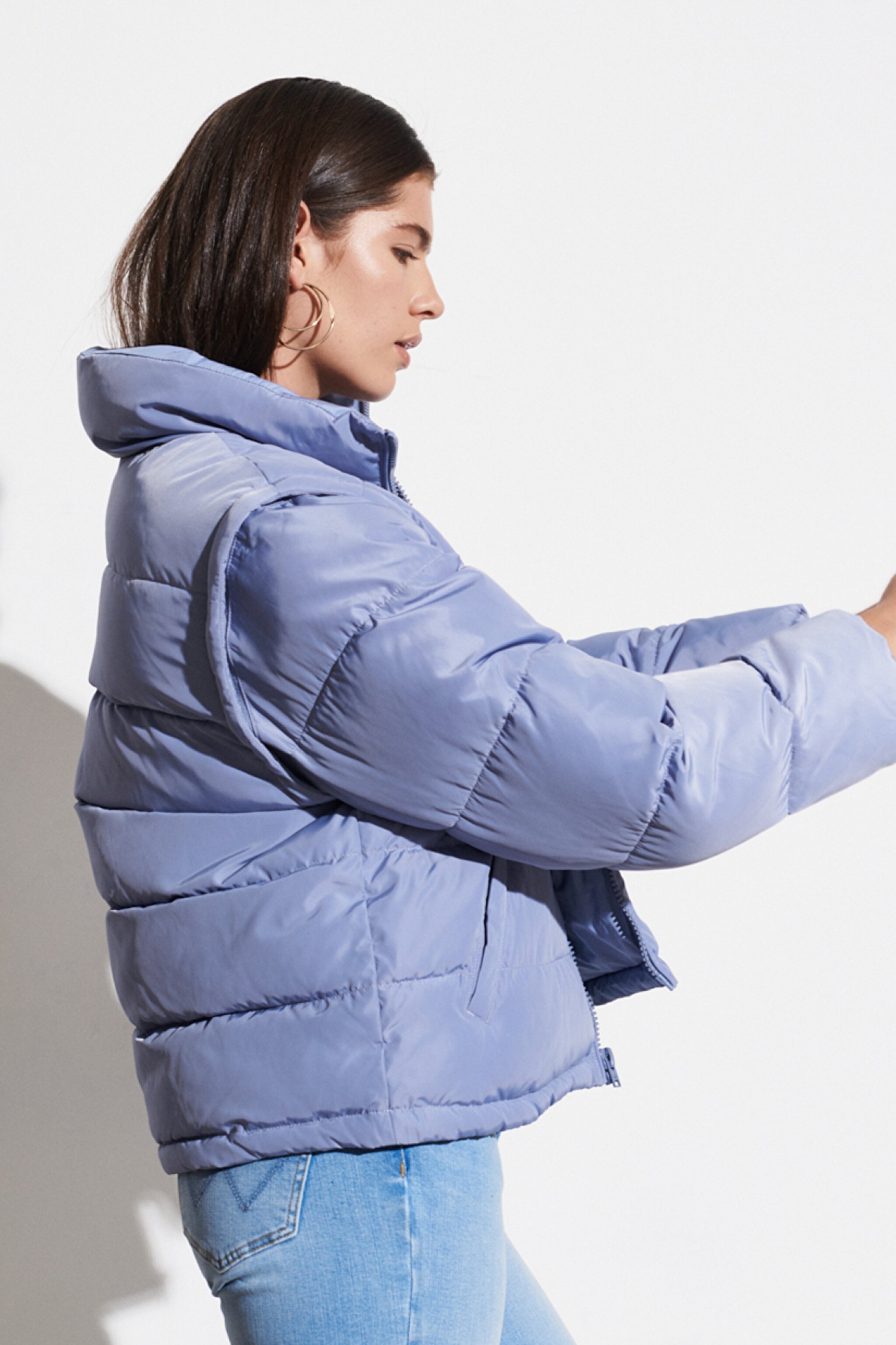 Regular Fit Bisiklet Yaka Kolları Çıkabilen Şişme Mont - Stone Wash Blue-W4R9YJX4Q (görsel 4)