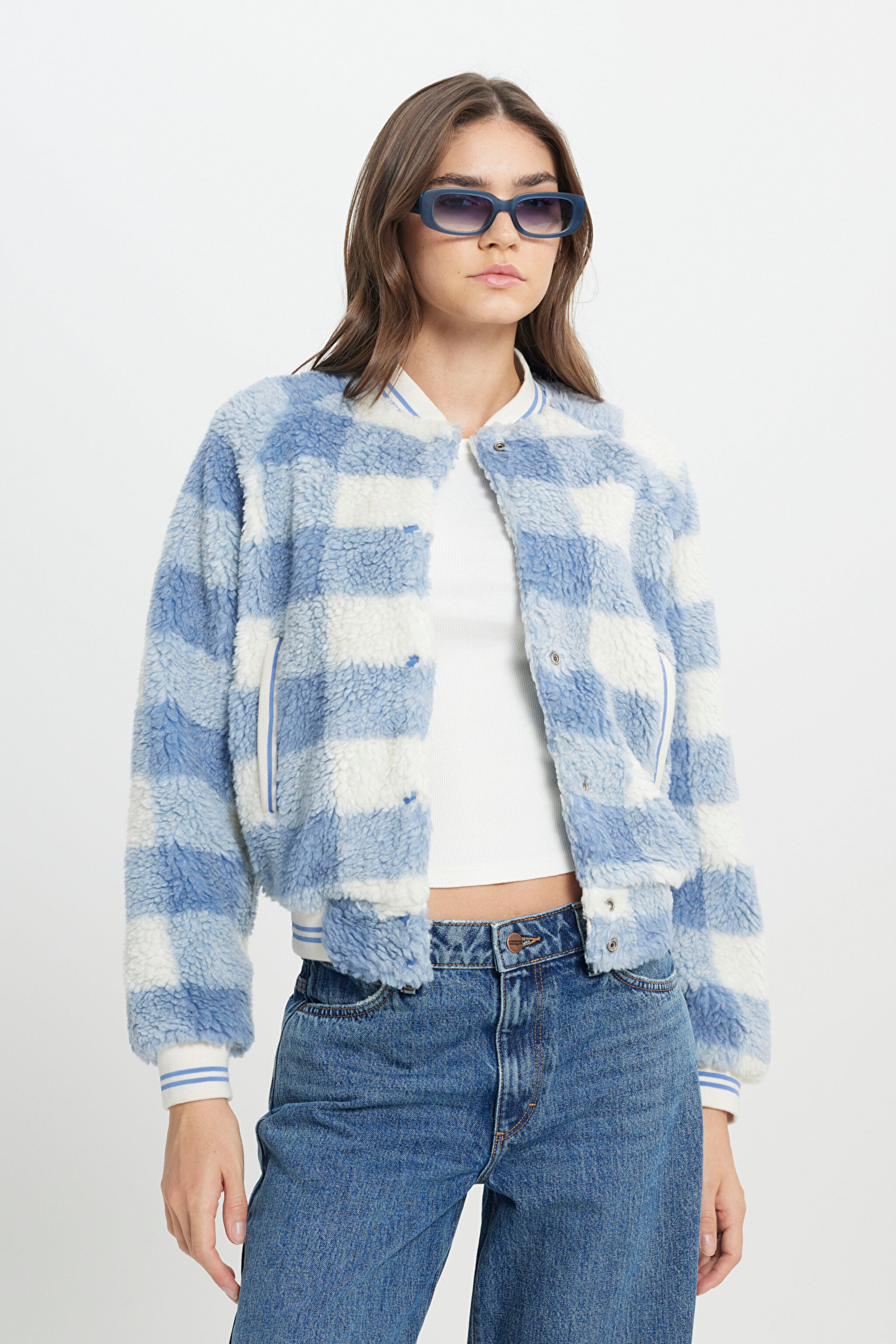 Regular Fit Normal Kesim Dik Yaka Mavi Bomber Ceket