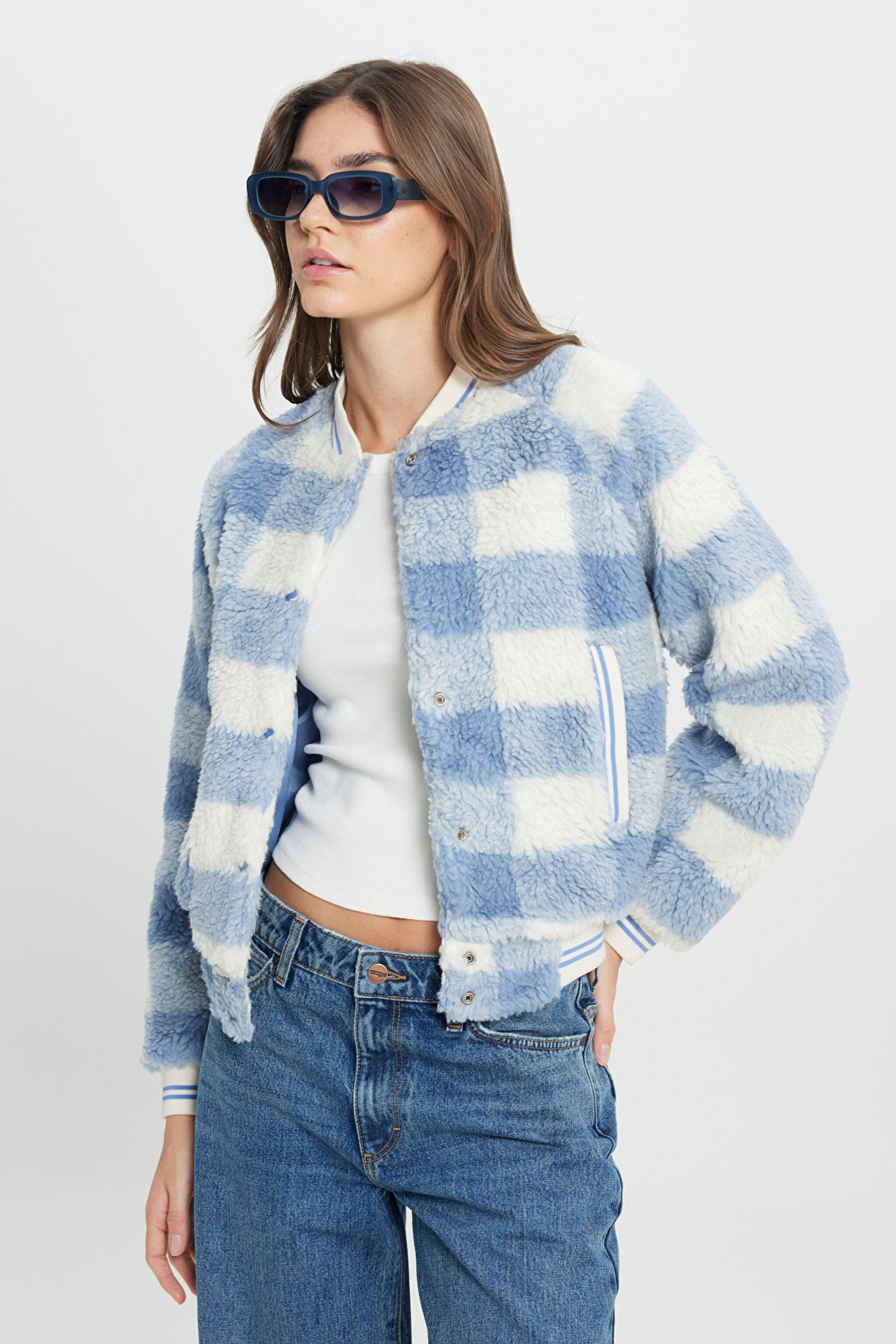 Regular Fit Normal Kesim Dik Yaka Mavi Bomber Ceket - Stone Wash Blue-W4S7VSX4Q (görsel 2)