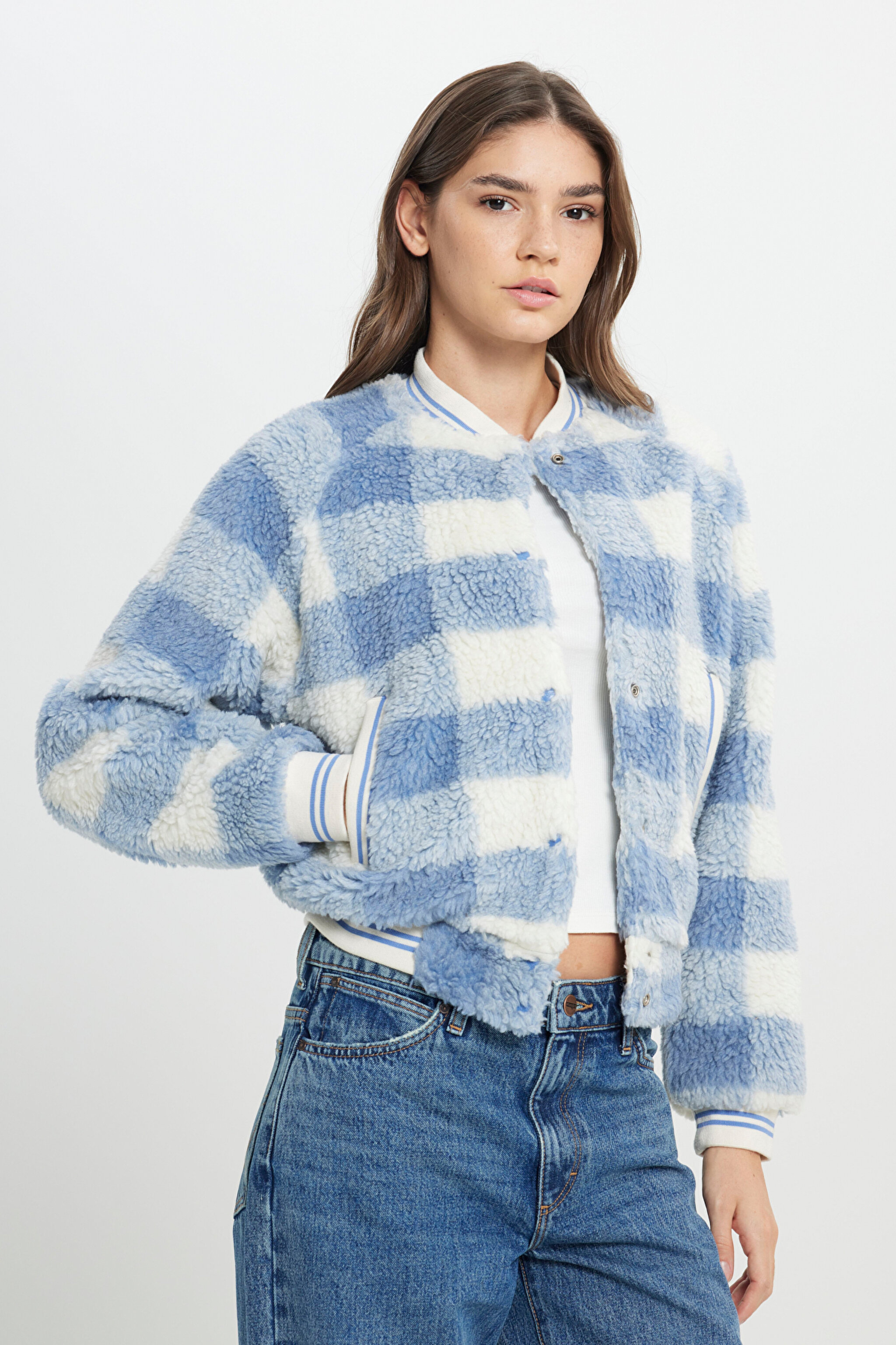 Regular Fit Normal Kesim Dik Yaka Mavi Bomber Ceket - Stone Wash Blue-W4S7VSX4Q (görsel 3)