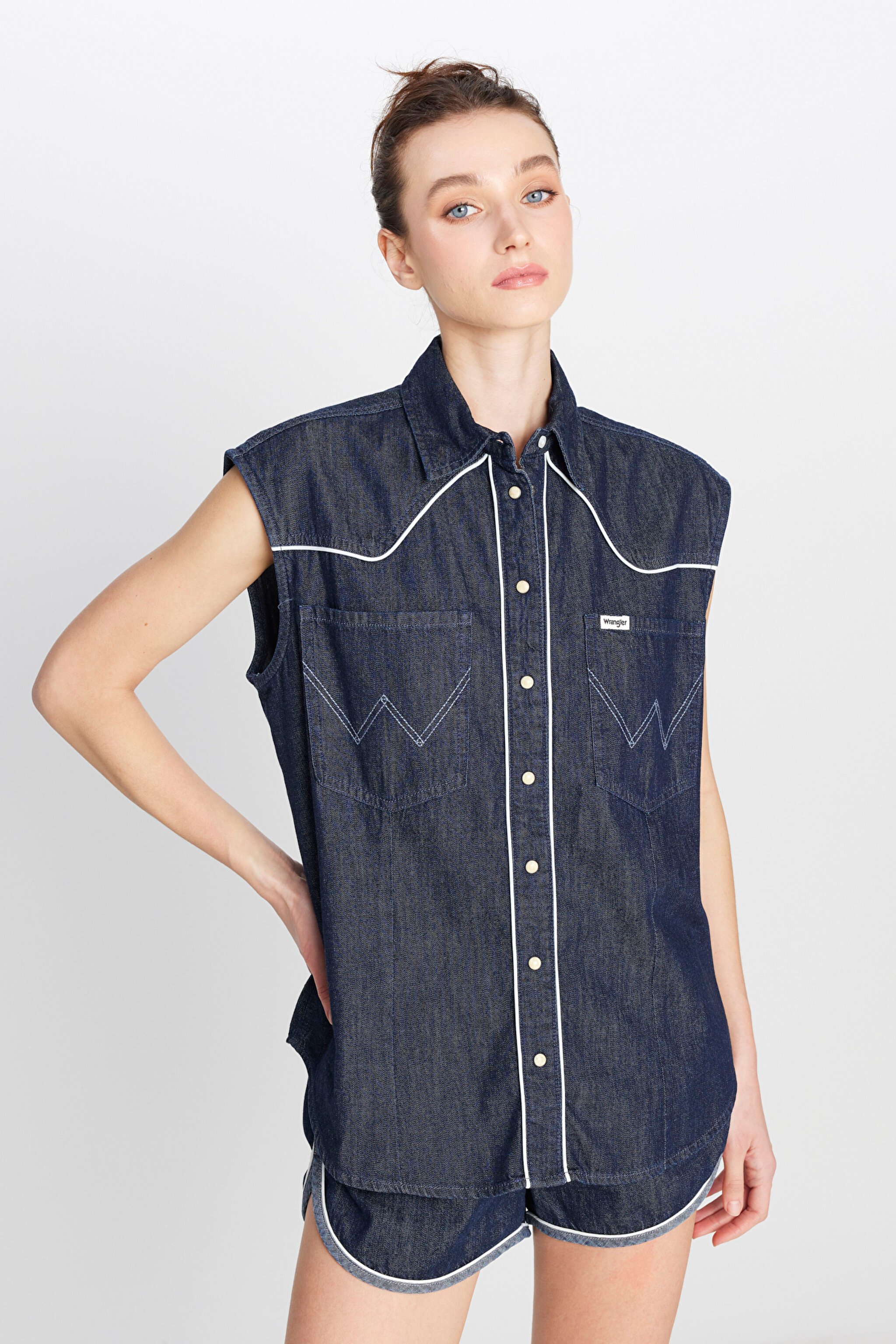 %100 Pamuk Loose Fit Rahat Kesim Cepli Denim Kot Gömlek - Saddle-W50E6577383