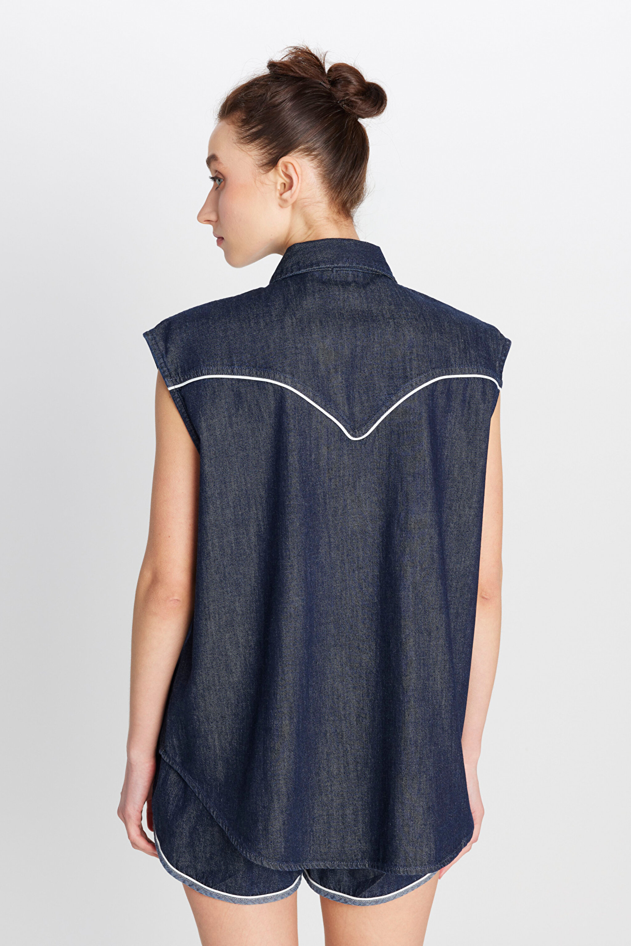 %100 Pamuk Loose Fit Rahat Kesim Cepli Denim Kot Gömlek - Saddle-W50E6577383 (görsel 5)