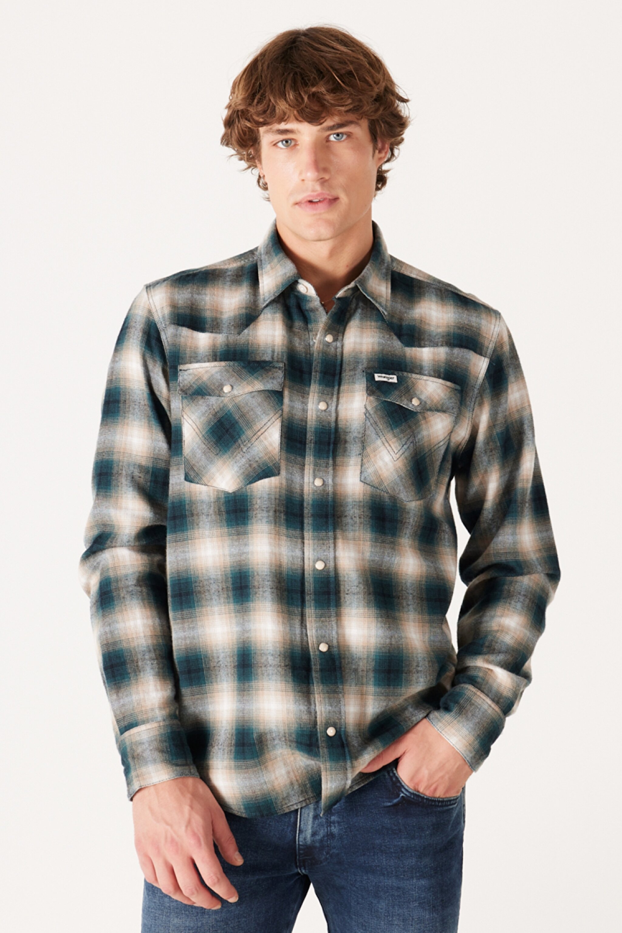 Loose Fit Rahat Kesim %100 Pamuk Bej Yeşil Ekoseli Uzun Kollu Gömlek - Dark Matcha-W556B3G61
