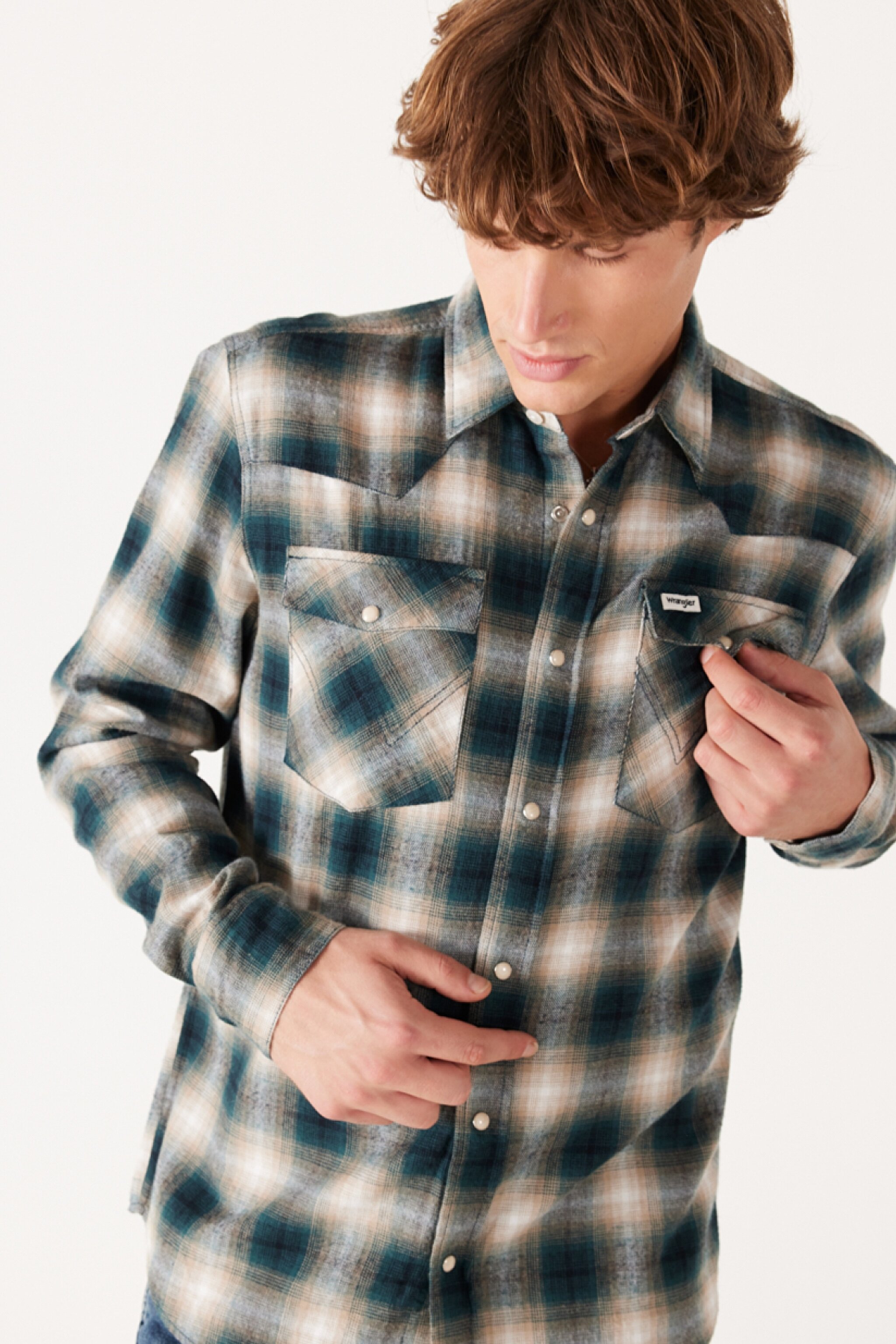 Loose Fit Rahat Kesim %100 Pamuk Bej Yeşil Ekoseli Uzun Kollu Gömlek - Dark Matcha-W556B3G61 (görsel 4)