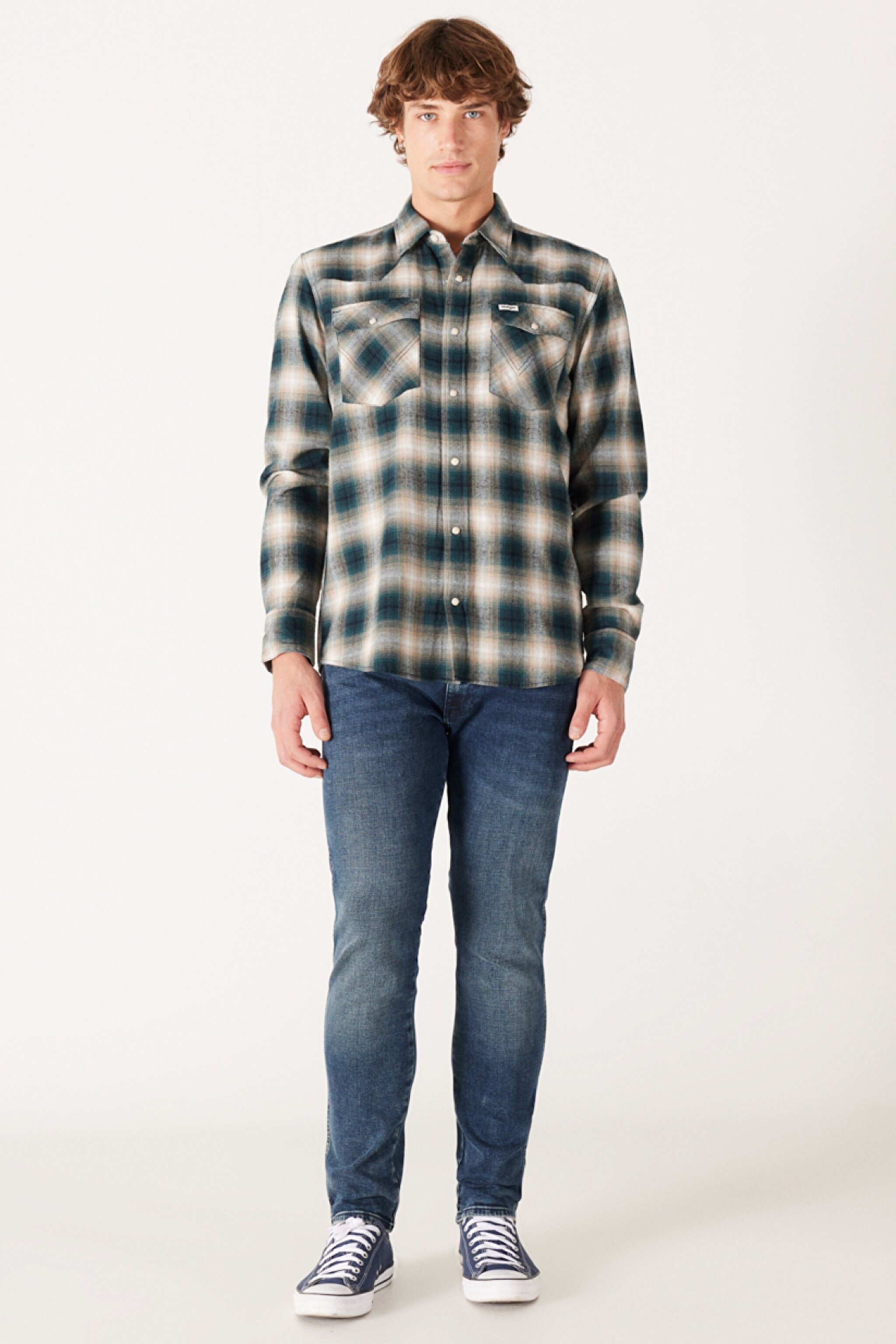 Loose Fit Rahat Kesim %100 Pamuk Bej Yeşil Ekoseli Uzun Kollu Gömlek - Dark Matcha-W556B3G61 (görsel 5)