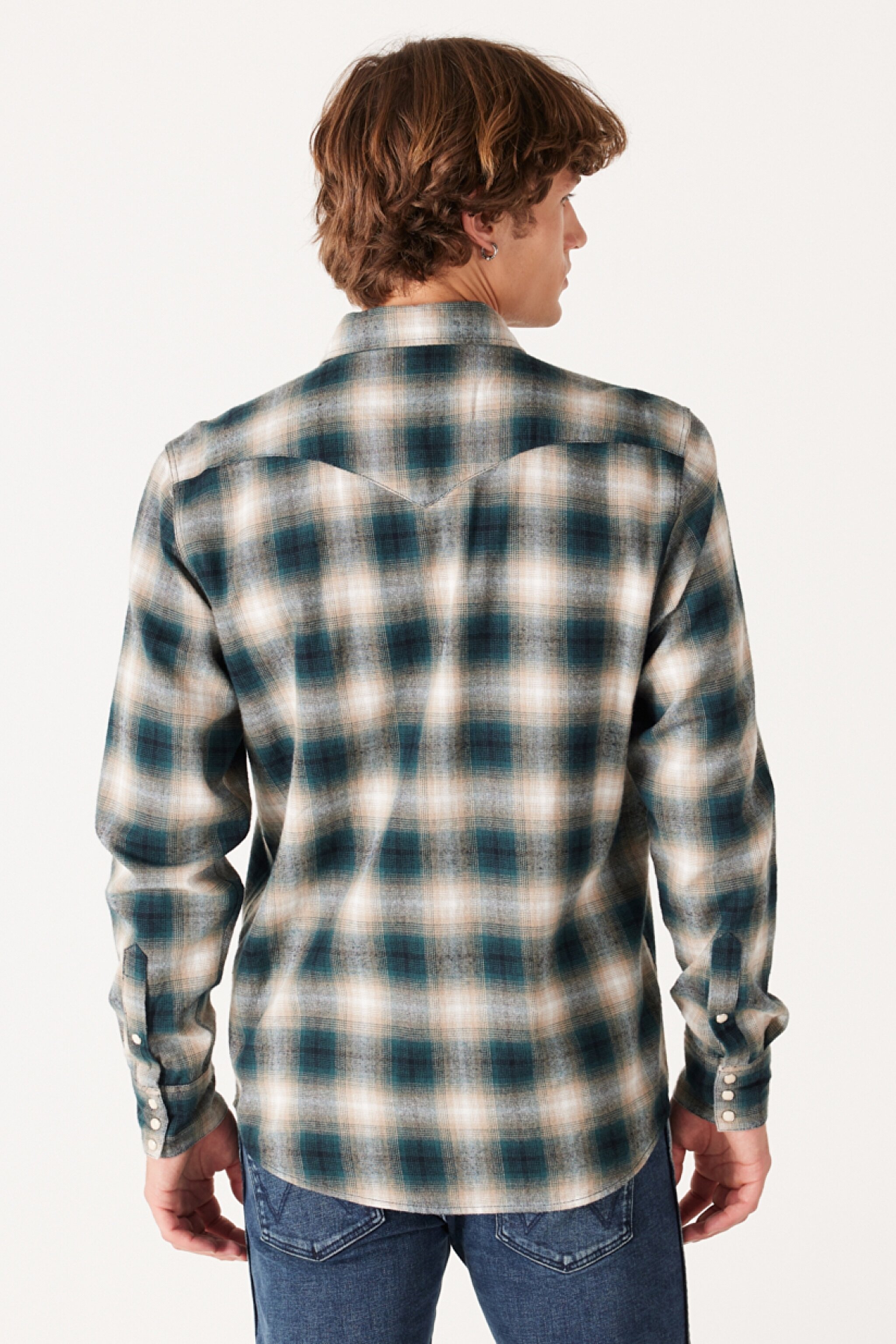 Loose Fit Rahat Kesim %100 Pamuk Bej Yeşil Ekoseli Uzun Kollu Gömlek - Dark Matcha-W556B3G61 (görsel 6)