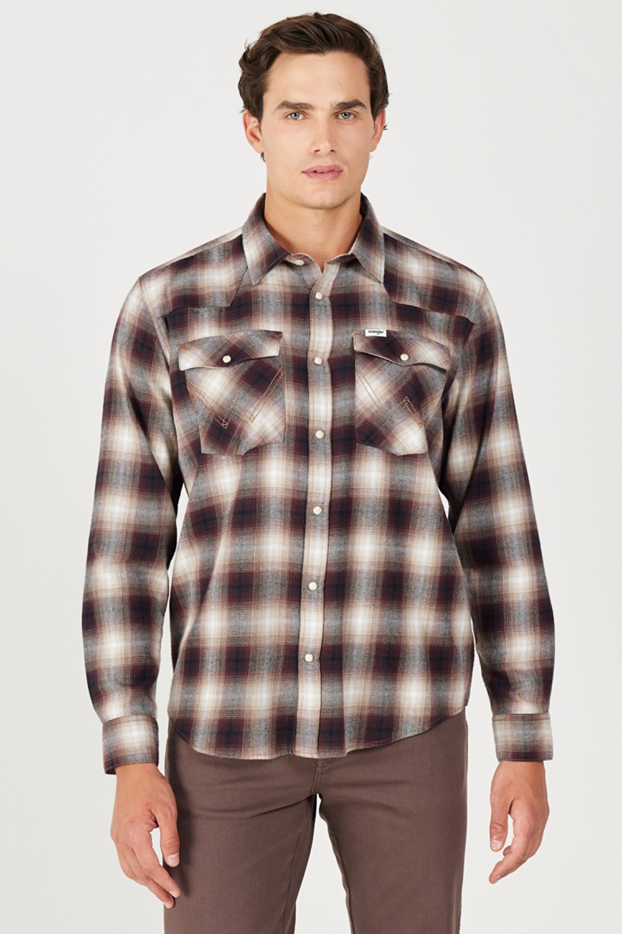 Loose Fit Rahat Kesim %100 Pamuk Bej Bordo Ekoseli Uzun Kollu Gömlek - Dahlia-W556B3H68