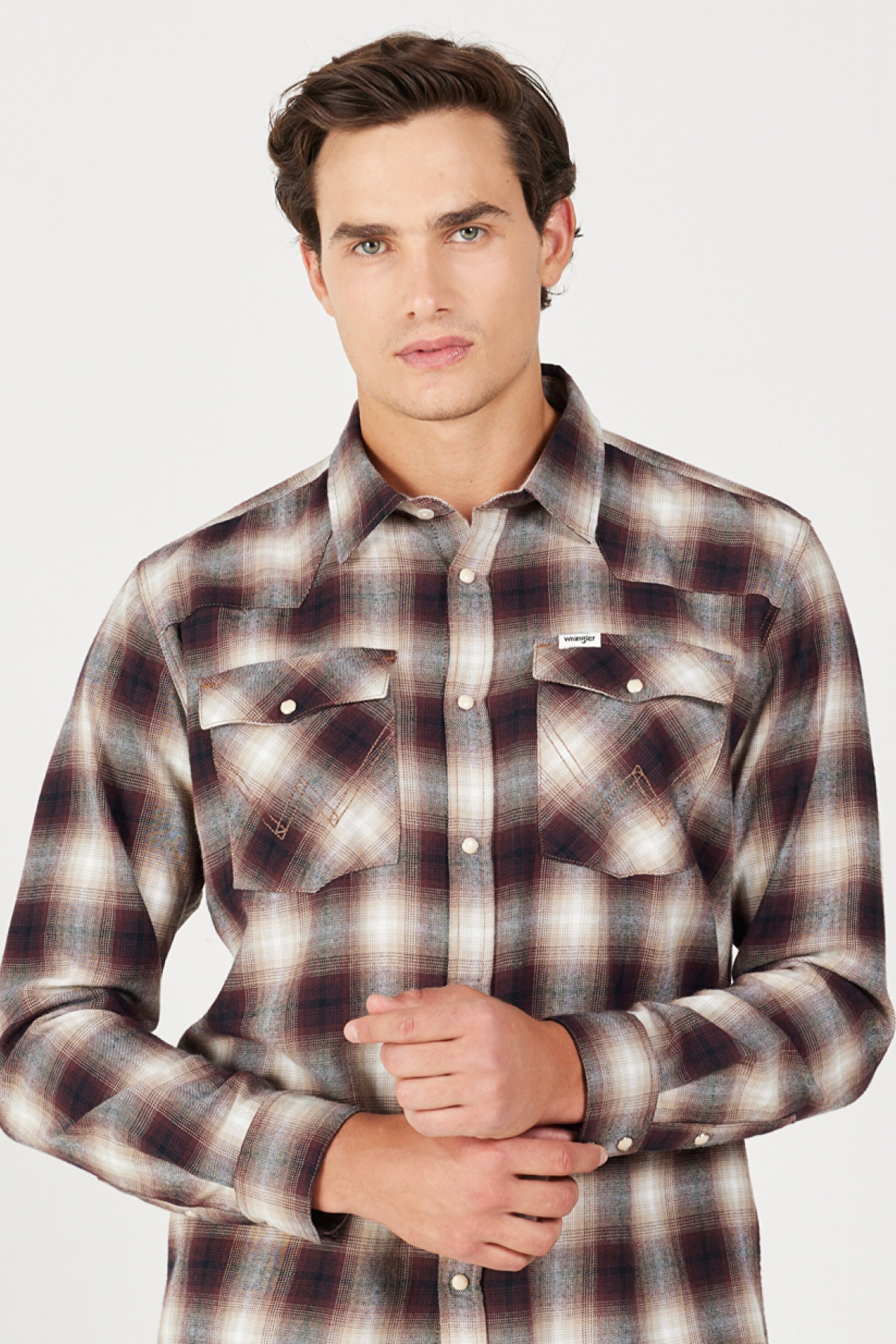Loose Fit Rahat Kesim %100 Pamuk Bej Bordo Ekoseli Uzun Kollu Gömlek - Dahlia-W556B3H68 (görsel 2)