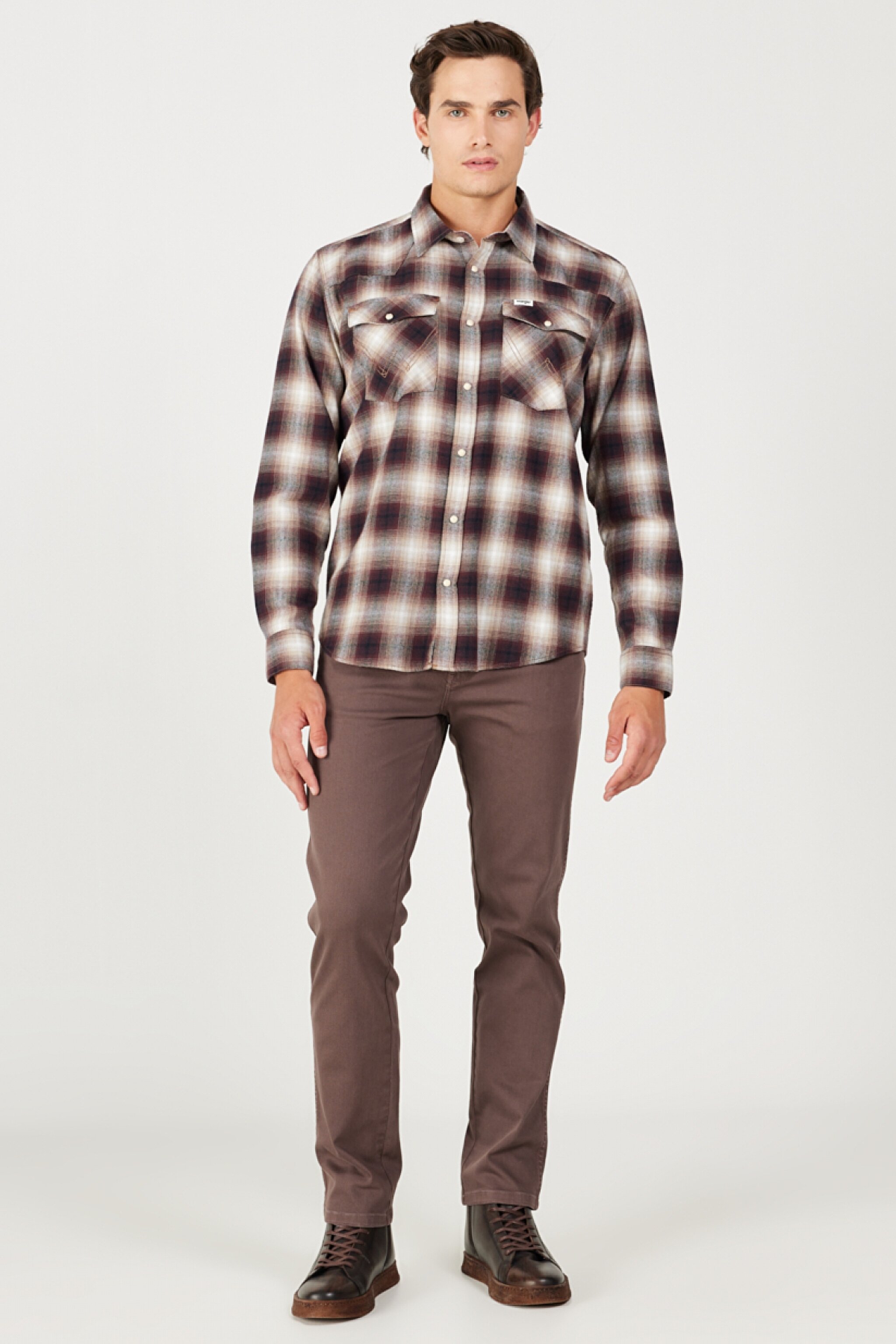 Loose Fit Rahat Kesim %100 Pamuk Bej Bordo Ekoseli Uzun Kollu Gömlek - Dahlia-W556B3H68 (görsel 5)