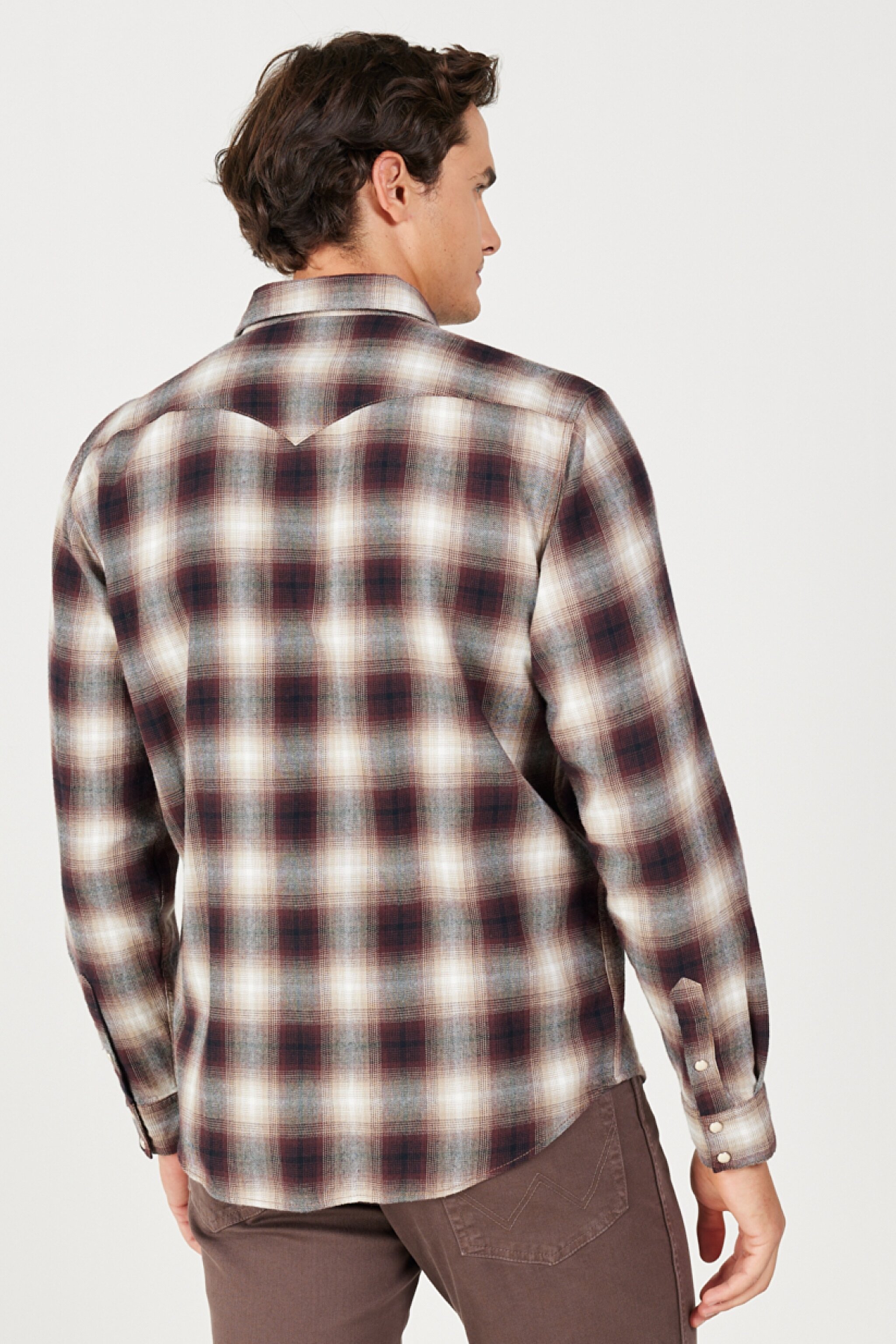 Loose Fit Rahat Kesim %100 Pamuk Bej Bordo Ekoseli Uzun Kollu Gömlek - Dahlia-W556B3H68 (görsel 6)