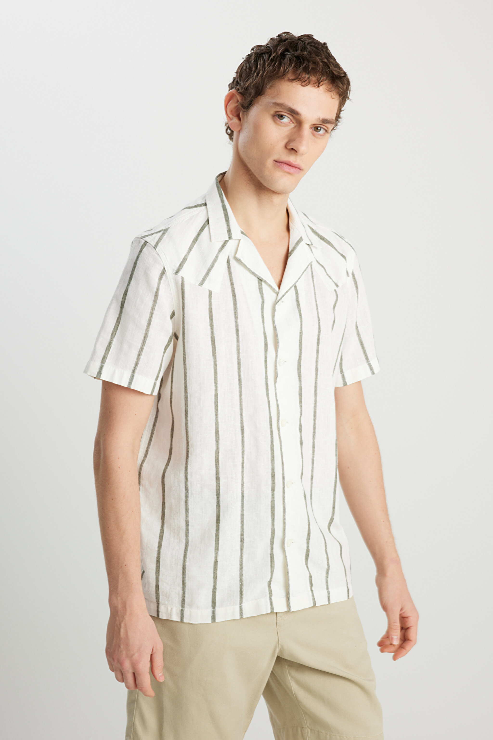 Relaxed Fit Geniş Kesim Pamuklu Bej Gömlek - Natural Stripe-W5797406306