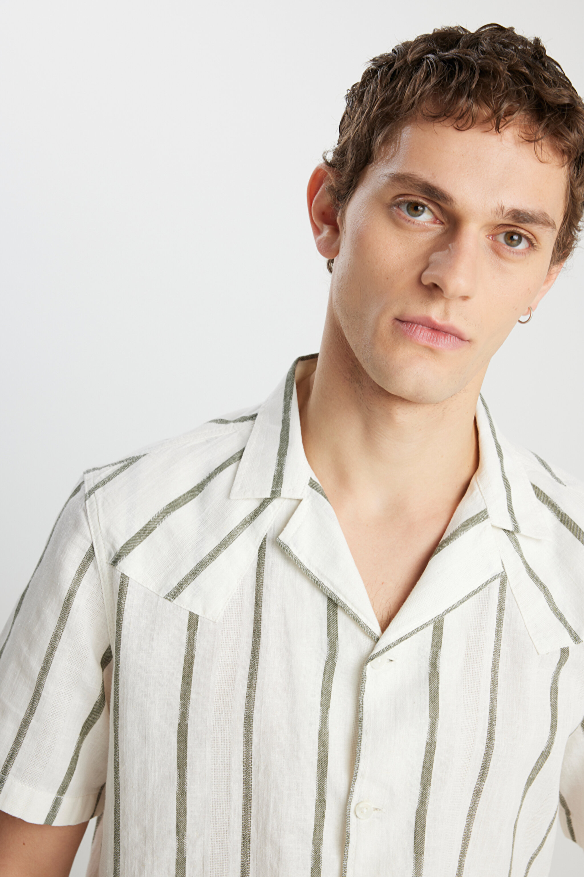 Relaxed Fit Geniş Kesim Pamuklu Bej Gömlek - Natural Stripe-W5797406306 (görsel 4)