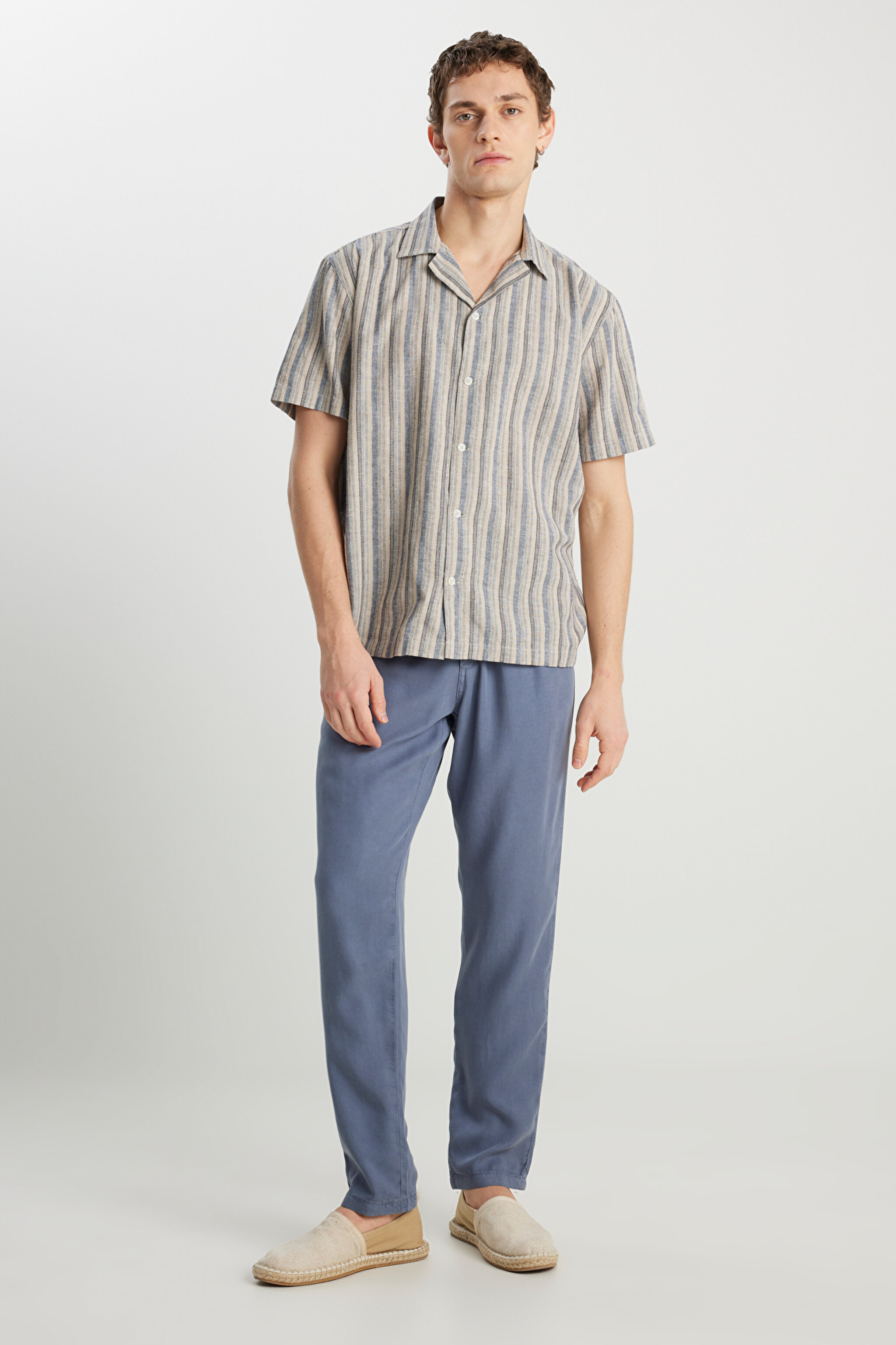 Relaxed Fit Geniş Kesim Pamuk Keten Karışımlı Çizgili Gömlek - Indigo Stripe-W5797442297 (görsel 4)