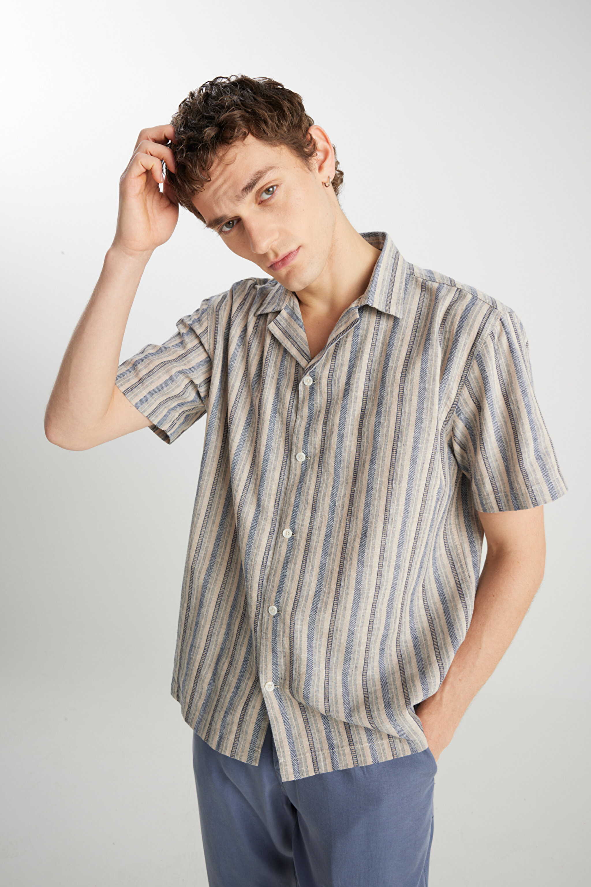 Relaxed Fit Geniş Kesim Pamuk Keten Karışımlı Çizgili Gömlek - Indigo Stripe-W5797442297 (görsel 5)