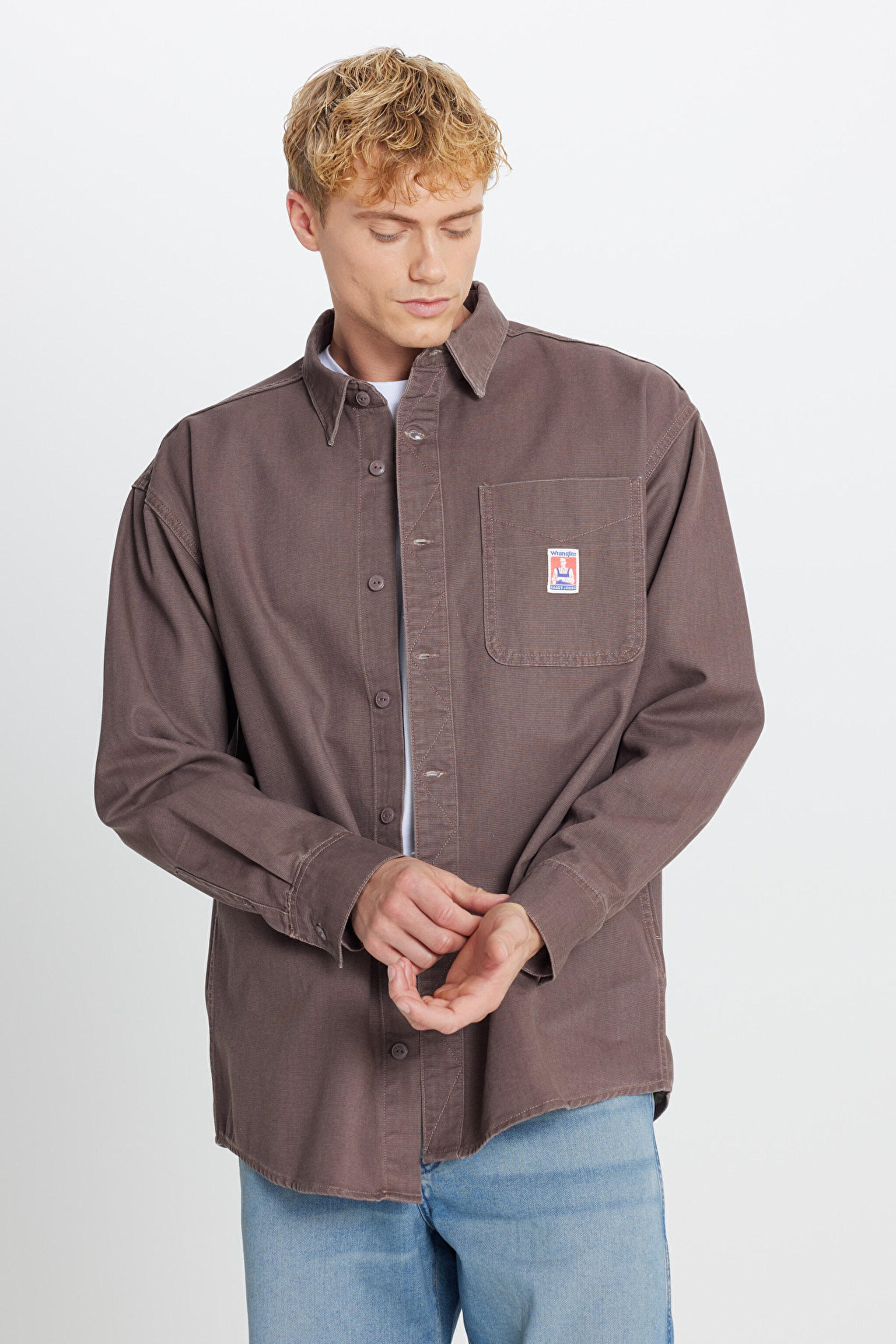 %100 Pamuk Oversize Gömlek Yaka Cepli Ceket - Peppercorn-W58520891960P (görsel 2)