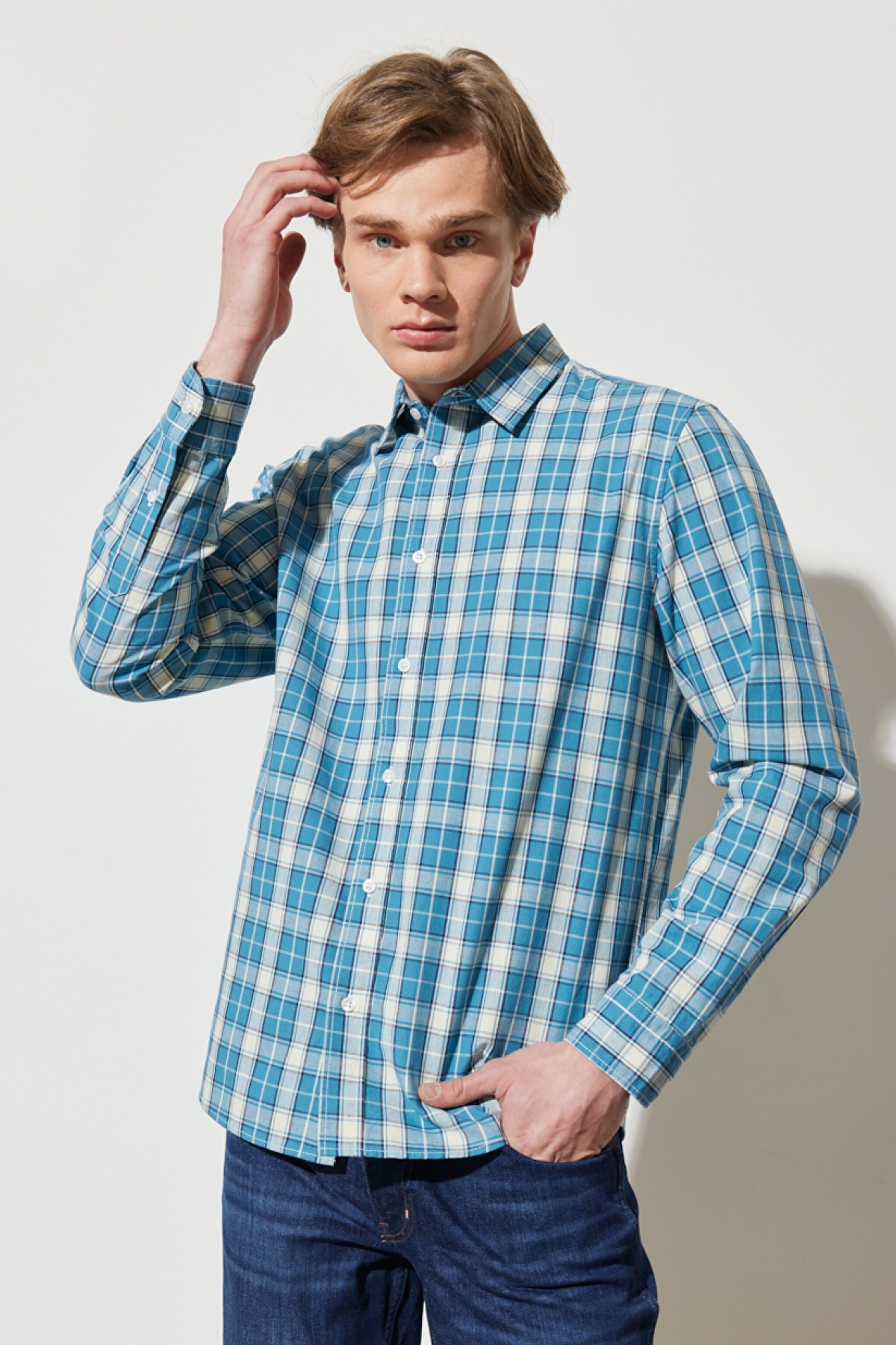Regular Fit Normal Kesim %100 Pamuk Kareli Uzun Kollu Gömlek - Deep Water-W594TR69F (görsel 2)