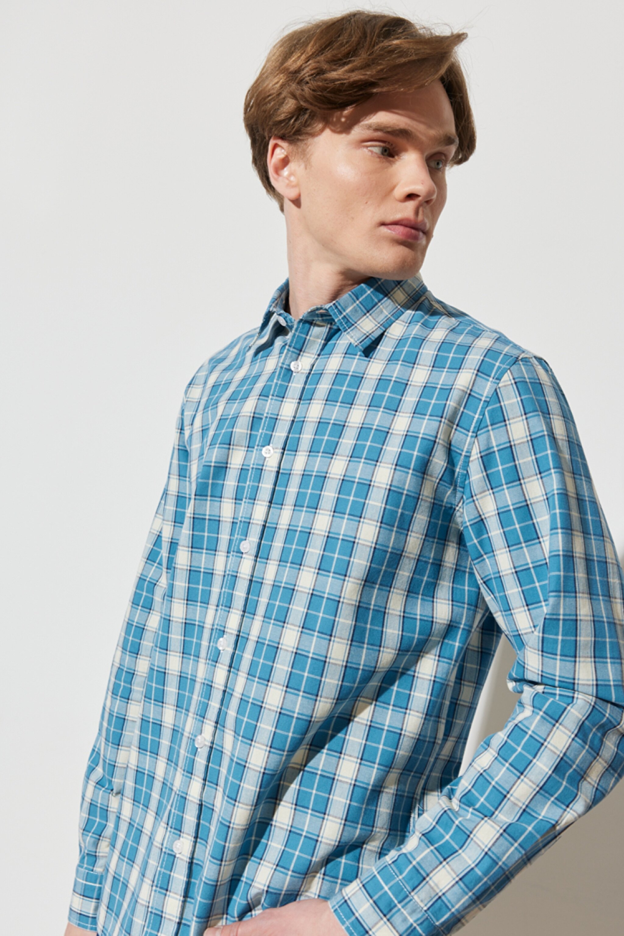 Regular Fit Normal Kesim %100 Pamuk Kareli Uzun Kollu Gömlek - Deep Water-W594TR69F (görsel 3)
