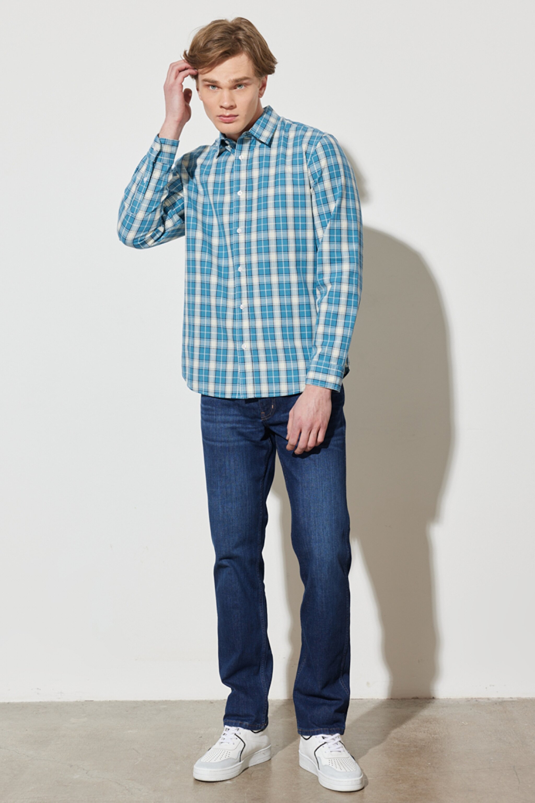 Regular Fit Normal Kesim %100 Pamuk Kareli Uzun Kollu Gömlek - Deep Water-W594TR69F (görsel 6)
