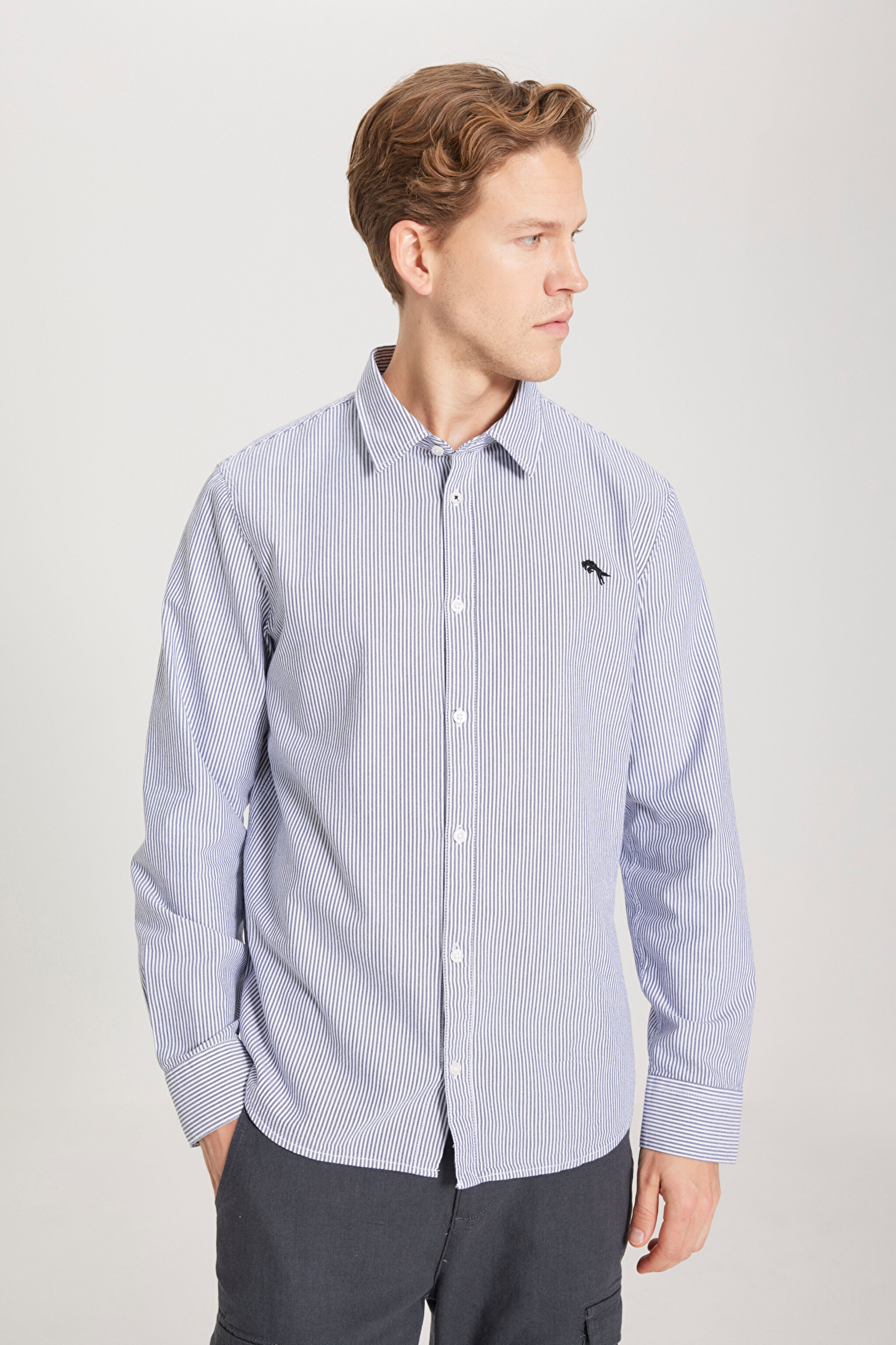 Regular Fit Normal Kesim %100 Pamuk Lacivert Gömlek - Indigo Hickory-W5A2205580B58 (görsel 4)