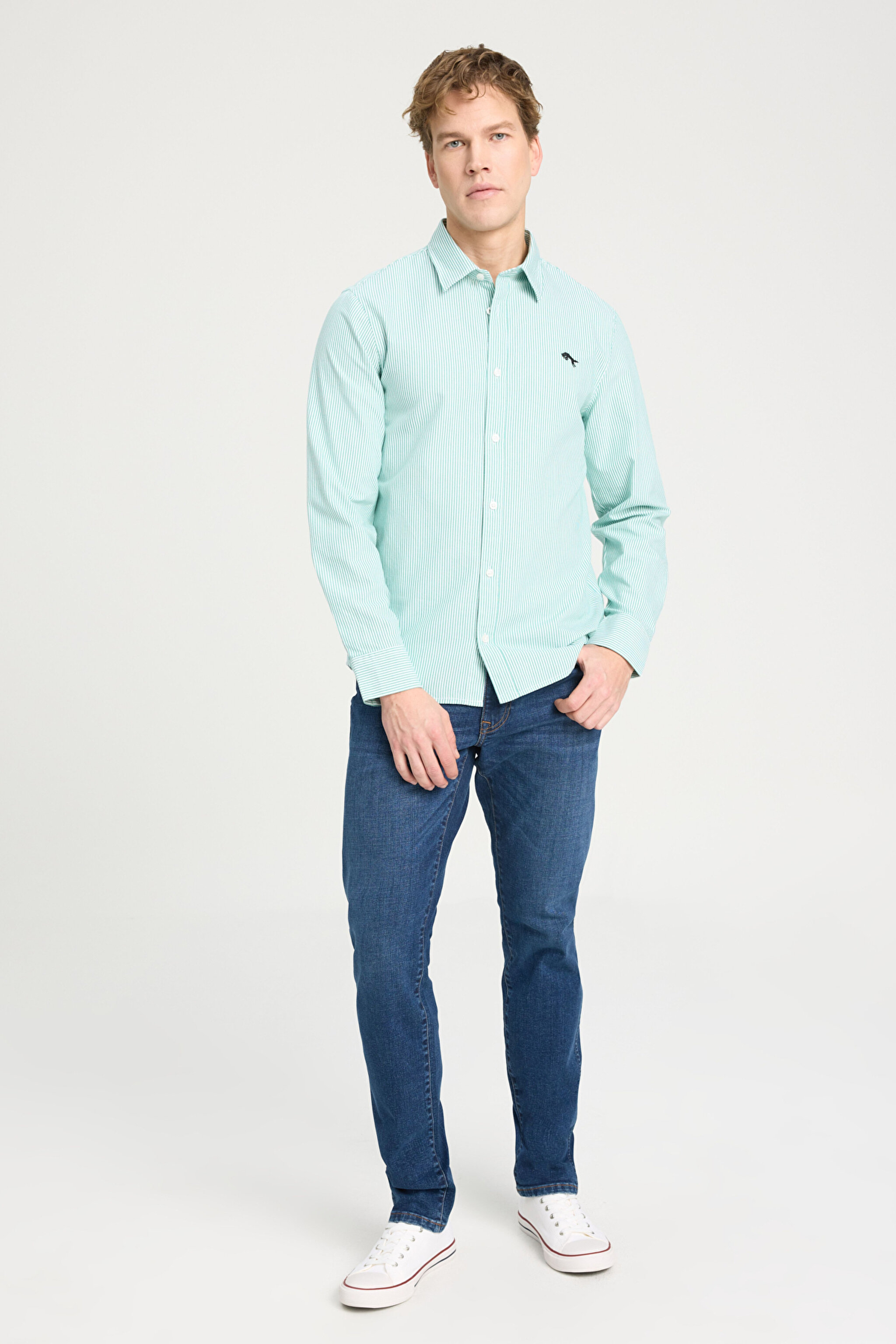 Regular Fit Normal Kesim %100 Pamuk Yeşil Gömlek - Green Stripe Oxford-W5A2205580P80 (görsel 3)