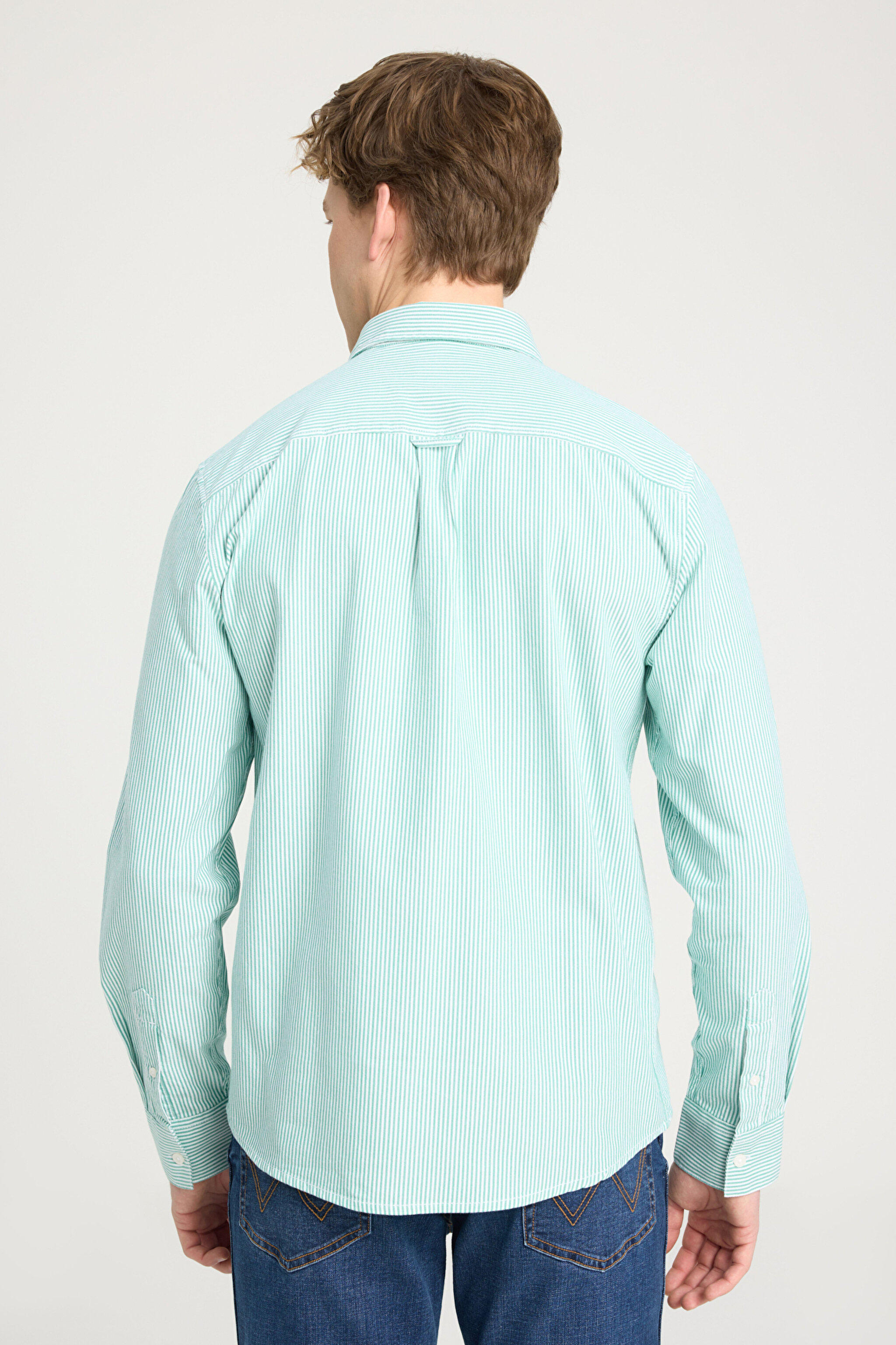 Regular Fit Normal Kesim %100 Pamuk Yeşil Gömlek - Green Stripe Oxford-W5A2205580P80 (görsel 5)