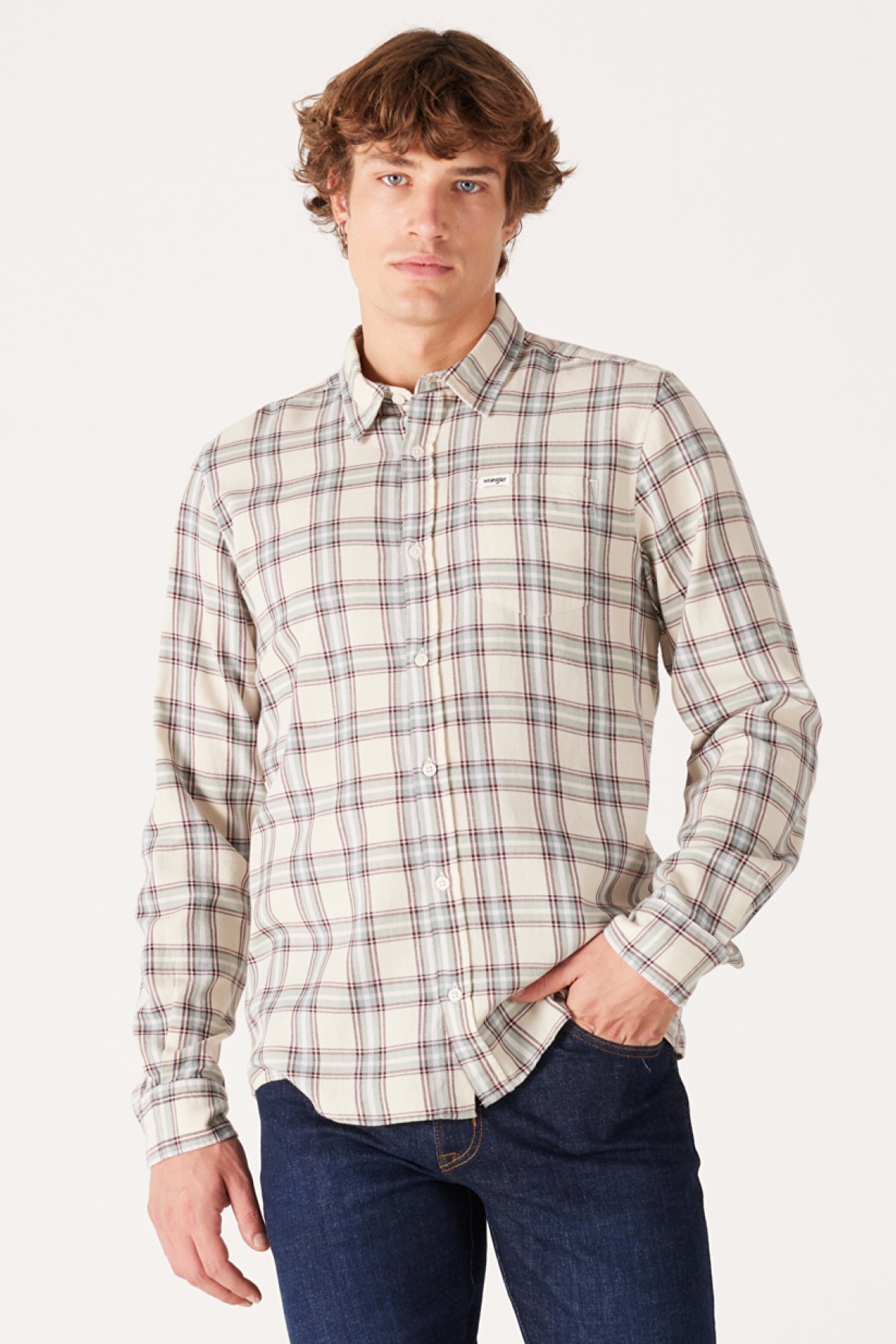 Regular Fit Normal Kesim %100 Pamuk Kırık Beyaz Ekoseli Uzun Kollu Gömlek - Worn White-W5A25QW02