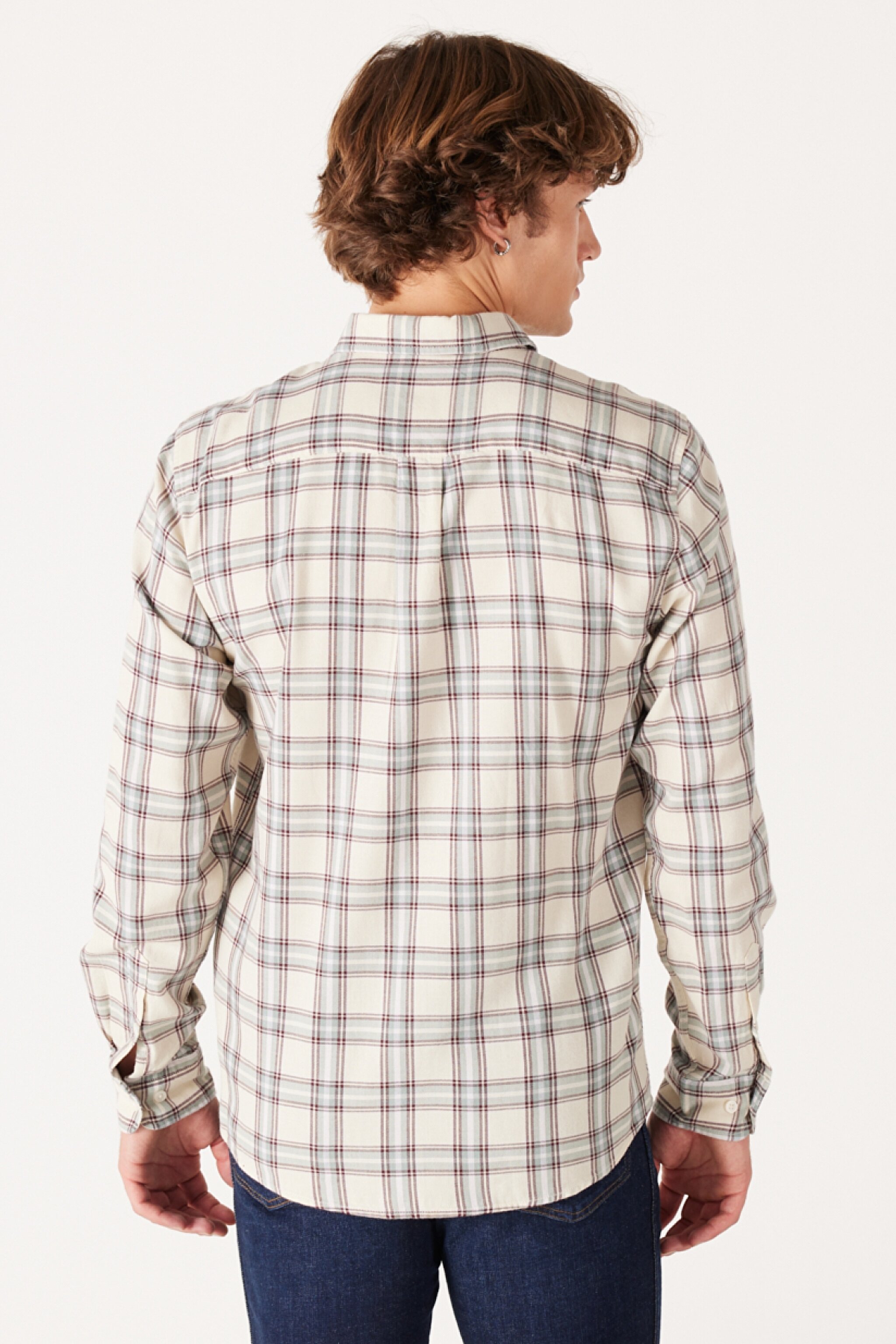 Regular Fit Normal Kesim %100 Pamuk Kırık Beyaz Ekoseli Uzun Kollu Gömlek - Worn White-W5A25QW02 (görsel 4)