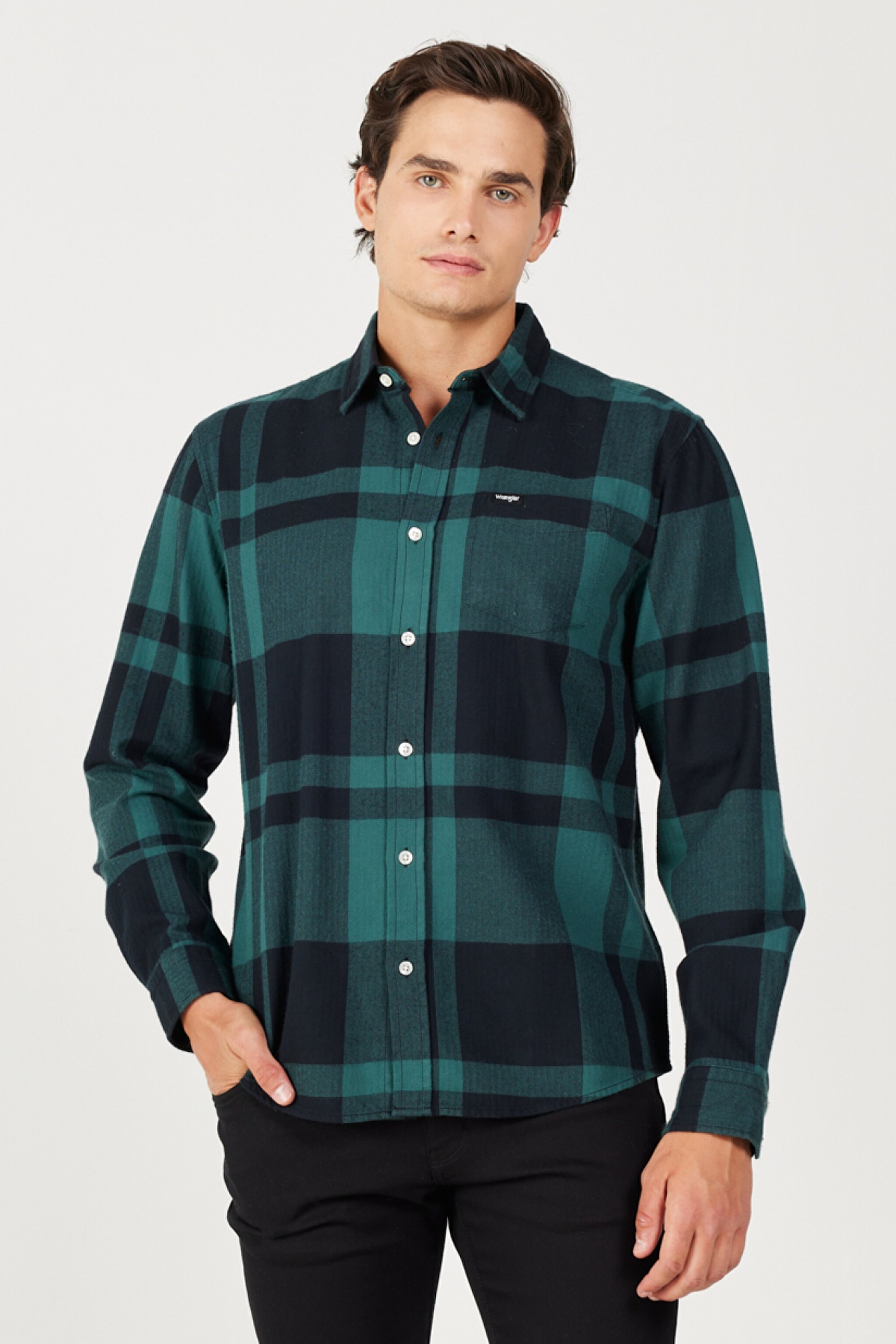 Relaxed Fit Geniş Kesim %100 Pamuk Yeşil Ekoseli Uzun Kollu Gömlek - Dark Matcha-W5A26XG61