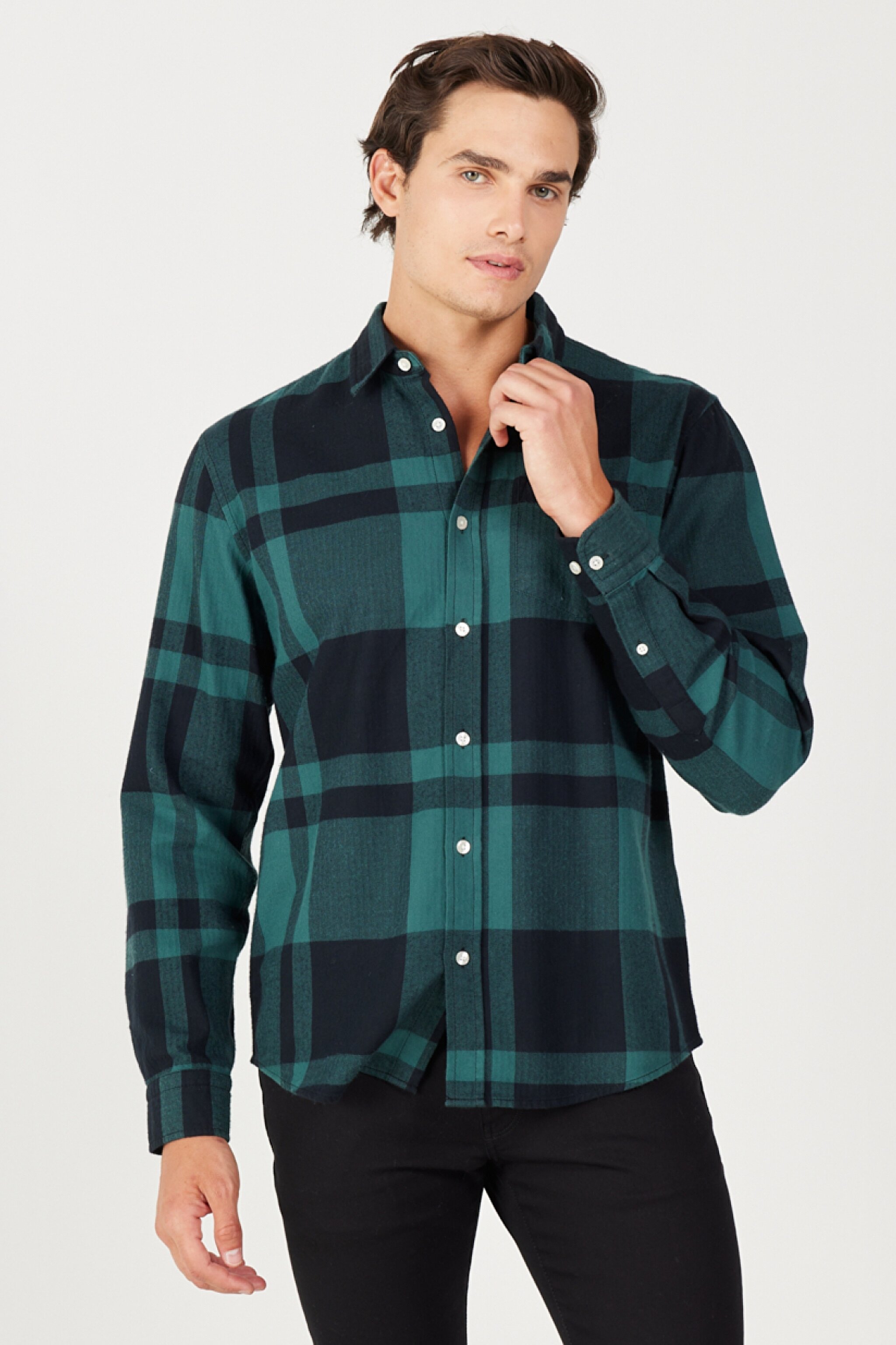Relaxed Fit Geniş Kesim %100 Pamuk Yeşil Ekoseli Uzun Kollu Gömlek - Dark Matcha-W5A26XG61 (görsel 2)