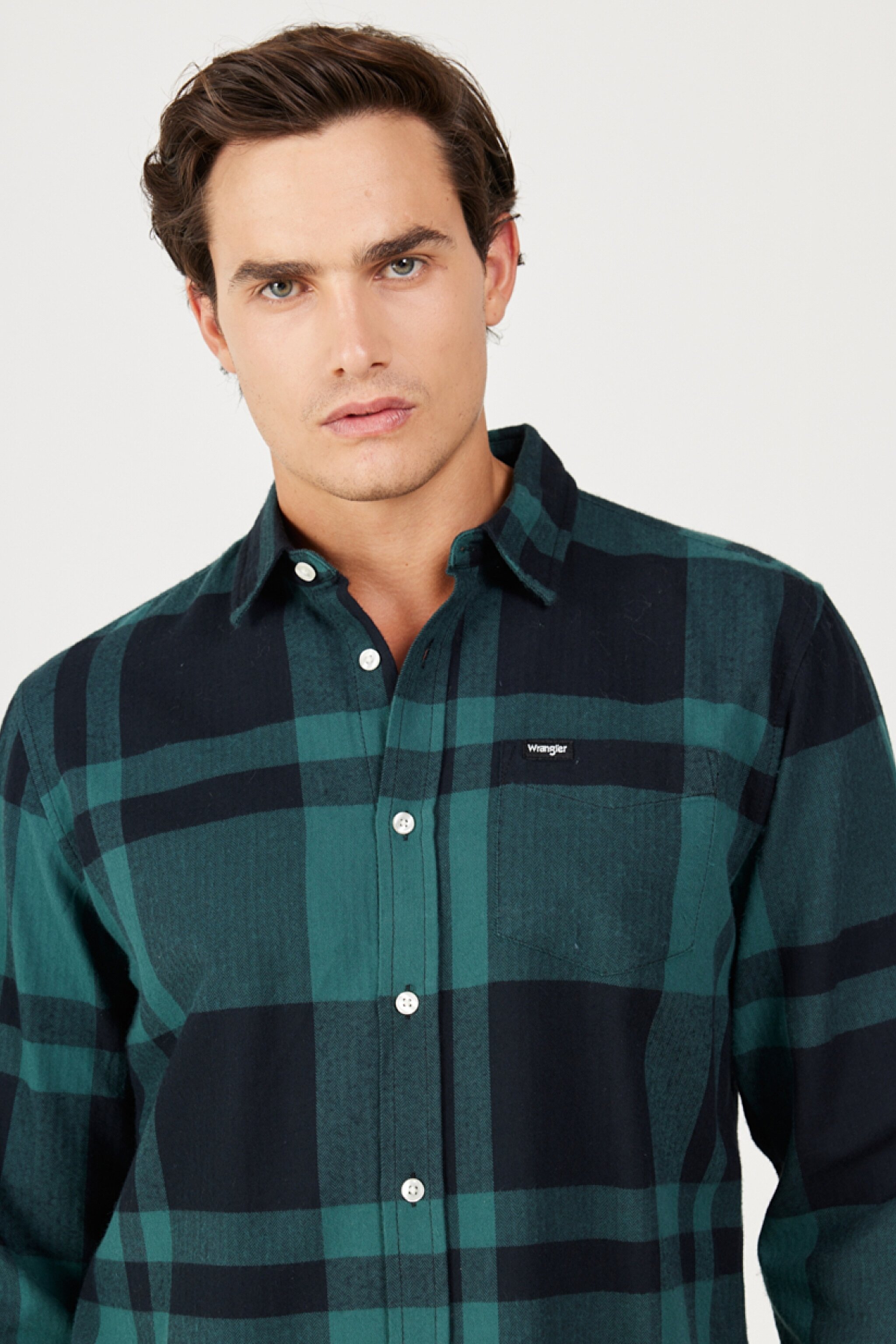 Relaxed Fit Geniş Kesim %100 Pamuk Yeşil Ekoseli Uzun Kollu Gömlek - Dark Matcha-W5A26XG61 (görsel 3)