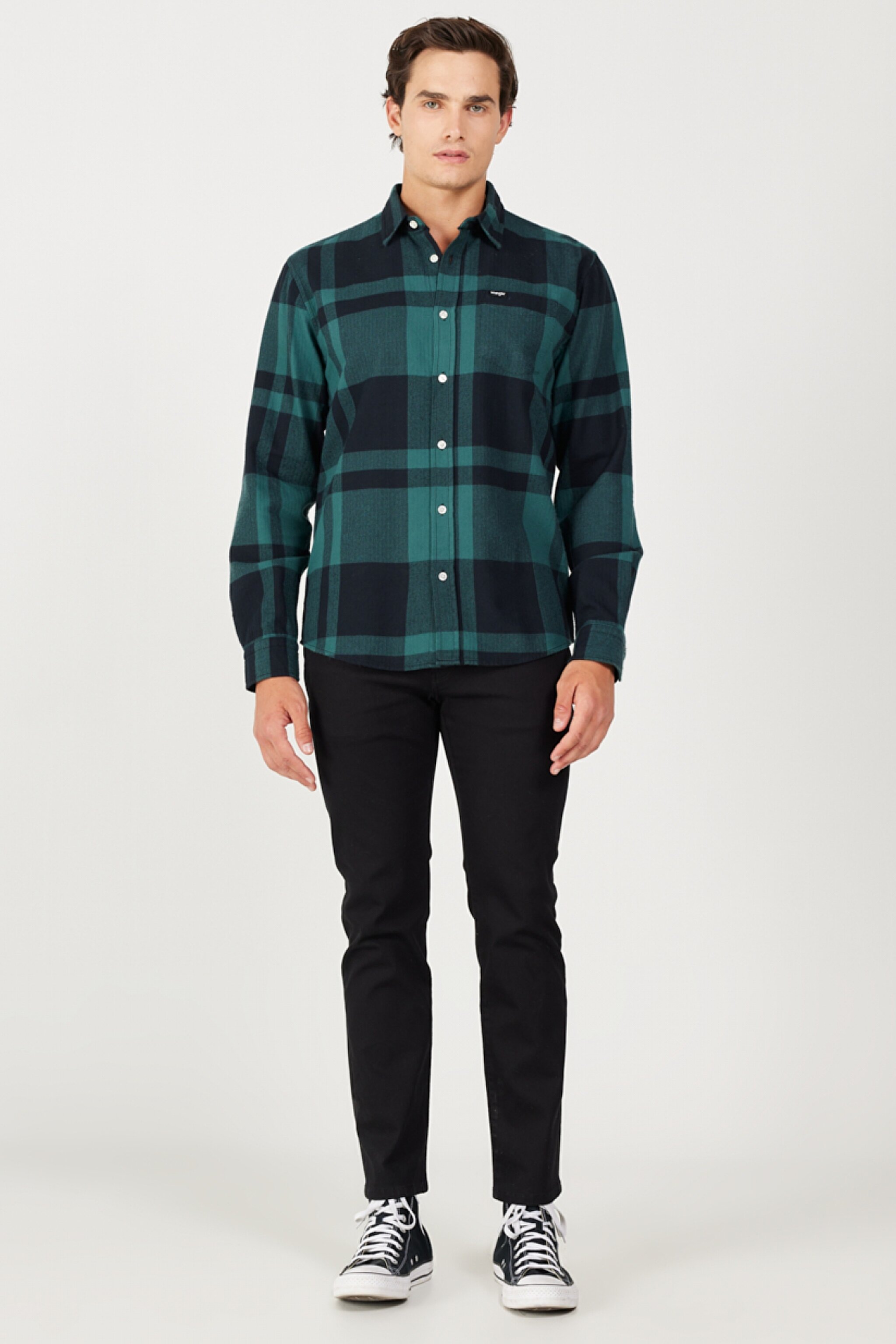 Relaxed Fit Geniş Kesim %100 Pamuk Yeşil Ekoseli Uzun Kollu Gömlek - Dark Matcha-W5A26XG61 (görsel 4)