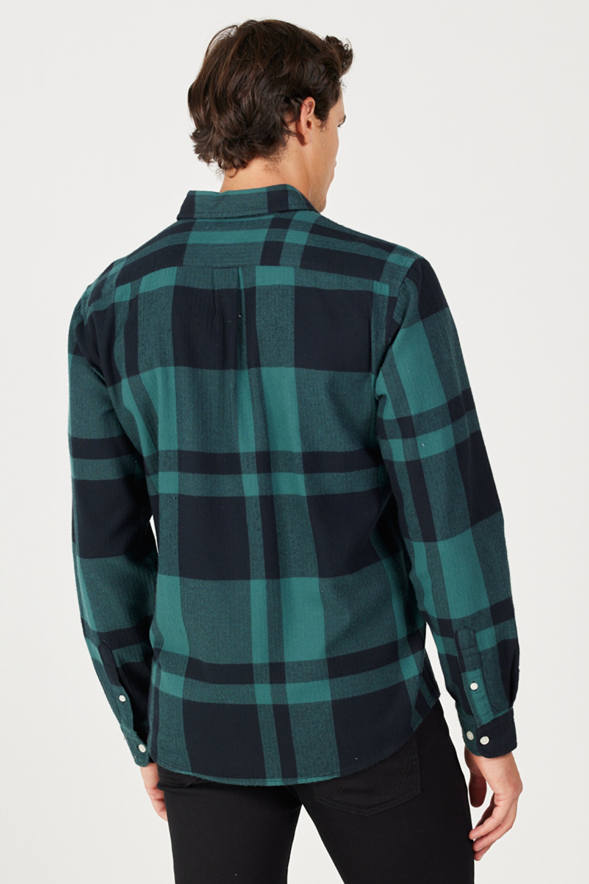 Relaxed Fit Geniş Kesim %100 Pamuk Yeşil Ekoseli Uzun Kollu Gömlek - Dark Matcha-W5A26XG61 (görsel 5)