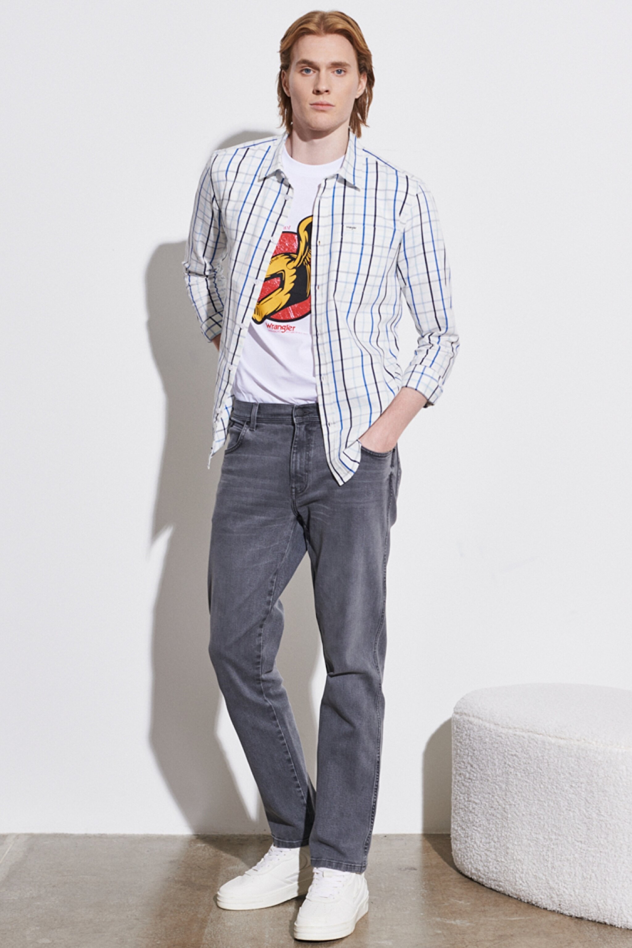 Regular Fit Normal Kesim Kareli Uzun Kollu Gömlek - Worn White-W5A2MZW02 (görsel 5)