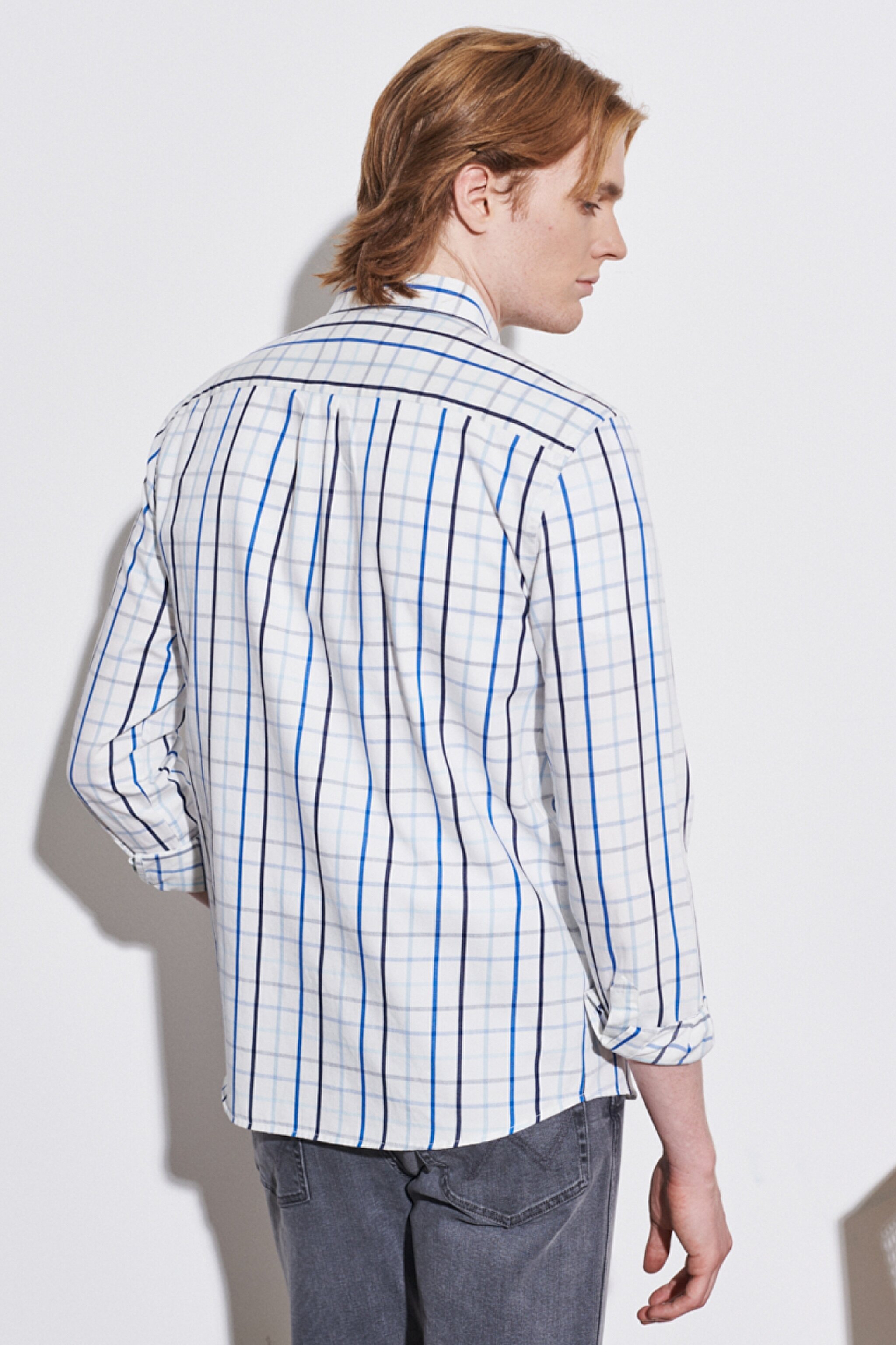 Regular Fit Normal Kesim Kareli Uzun Kollu Gömlek - Worn White-W5A2MZW02 (görsel 6)