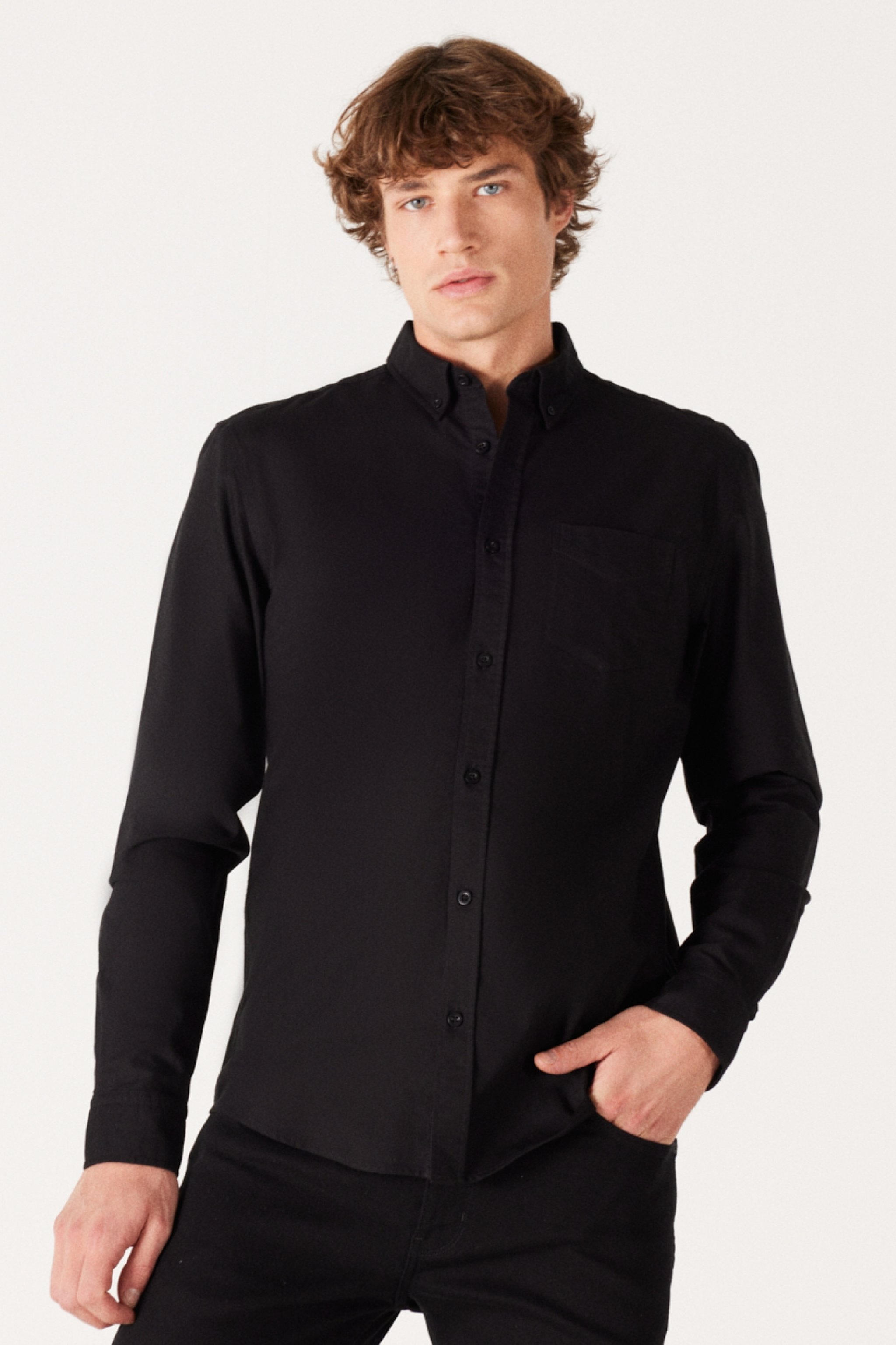 Regular Fit Normal Kesim %100 Pamuk Siyah Uzun Kollu Gömlek - Black-W5A3BM001 (görsel 2)