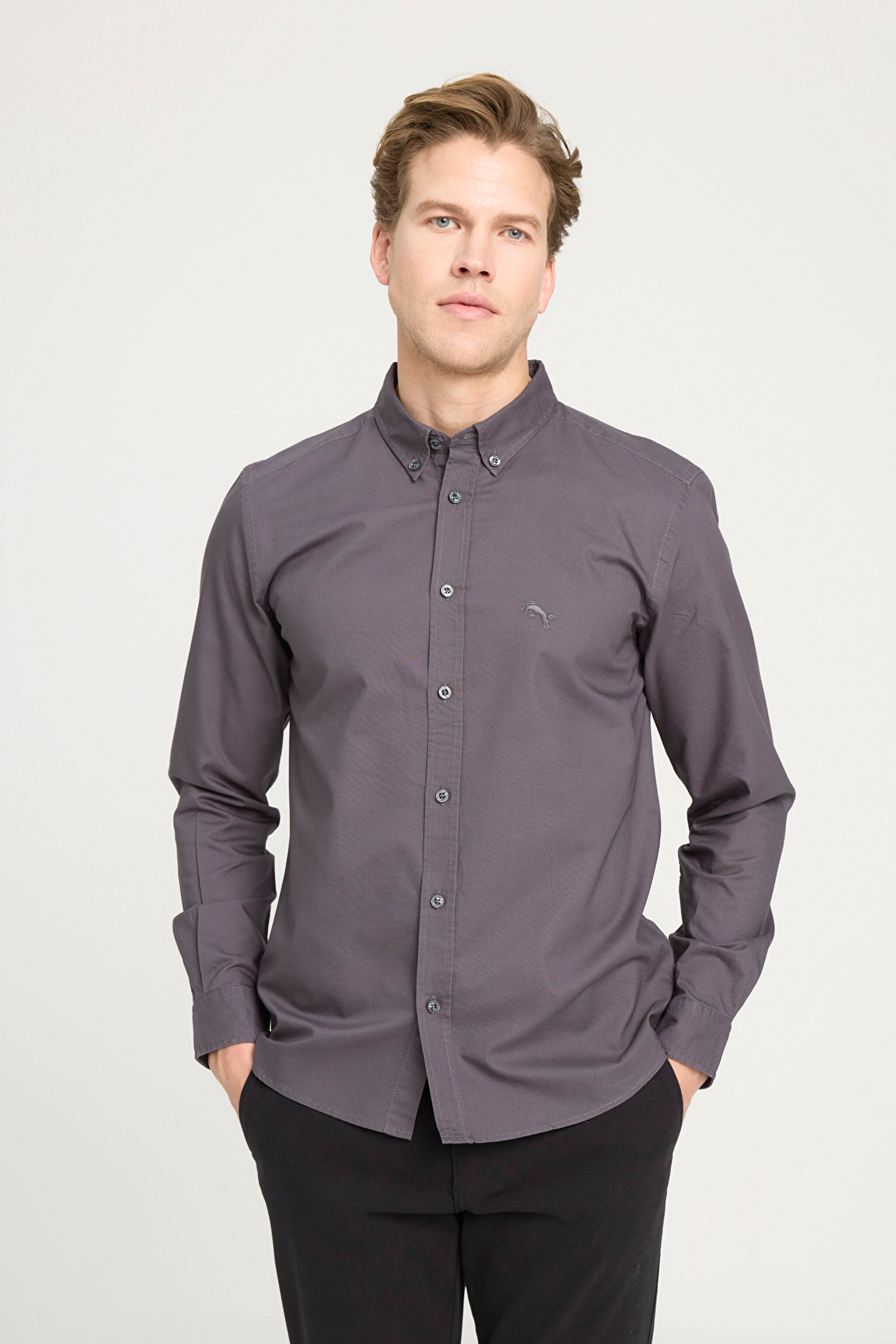 Regular Fit Normal Kesim %100 Pamuk Antrasit Gömlek - Anthracite-W5A3BM003 (görsel 2)
