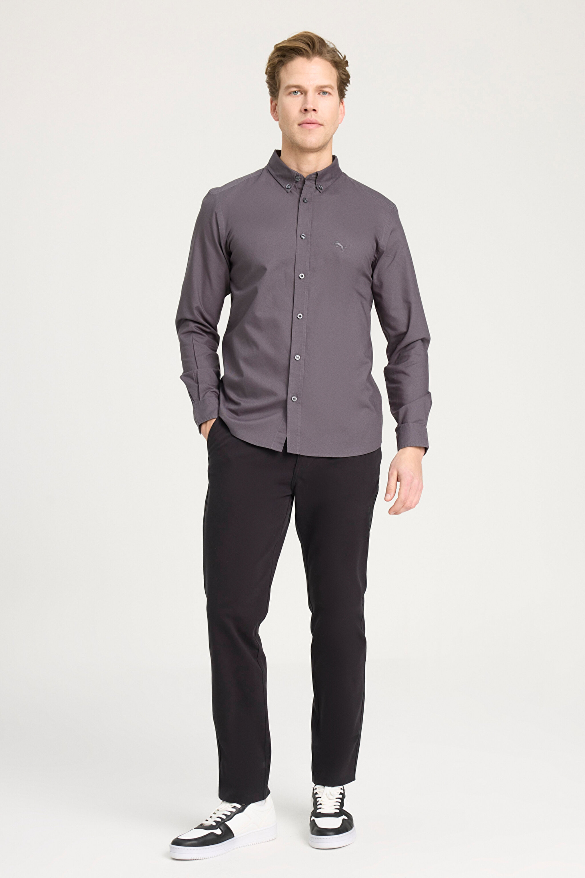 Regular Fit Normal Kesim %100 Pamuk Antrasit Gömlek - Anthracite-W5A3BM003 (görsel 3)