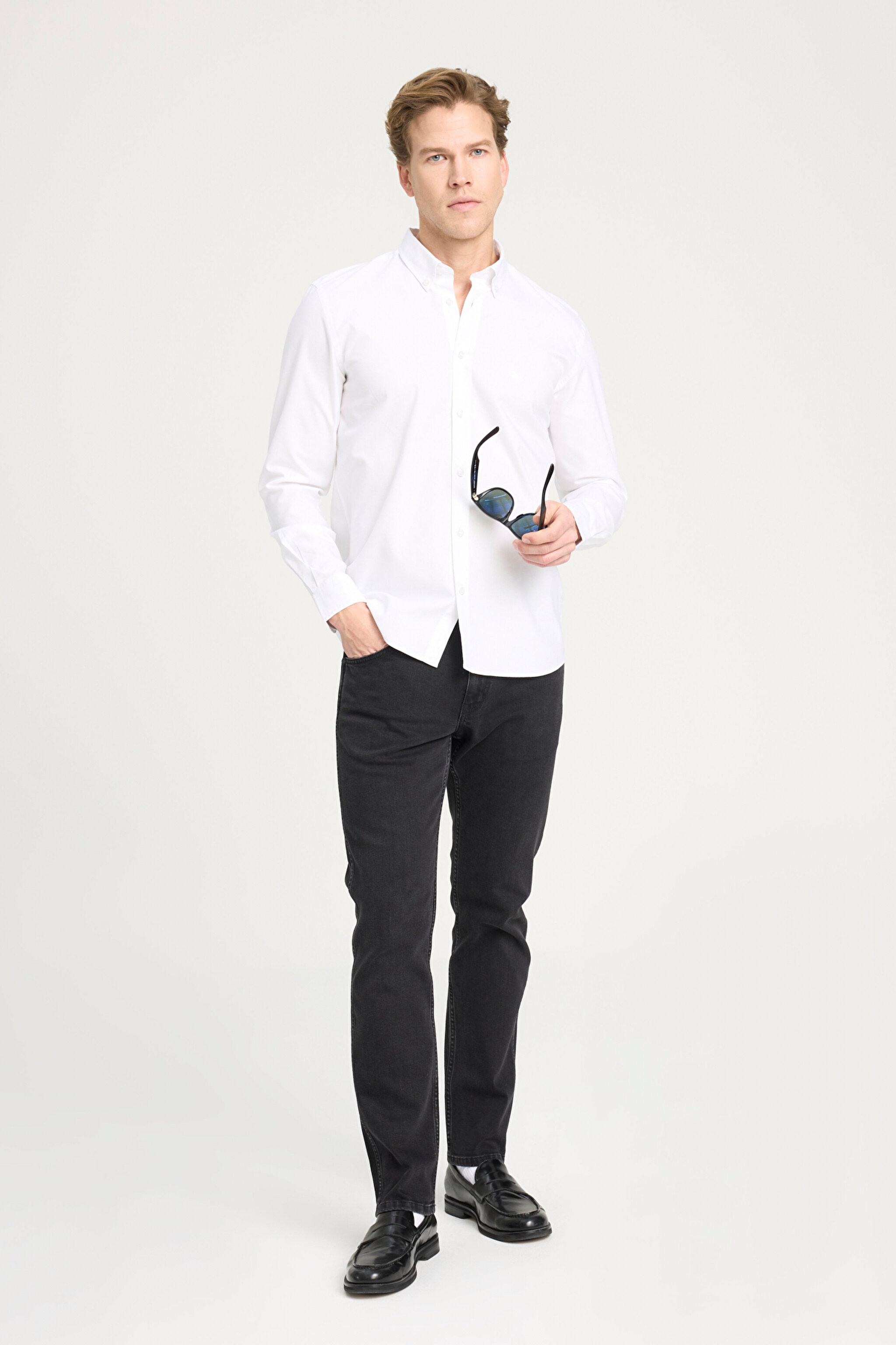 Regular Fit Normal Kesim %100 Pamuk Uzun Kollu Beyaz Oxford Gömlek - White-W5A3BM989 (görsel 3)